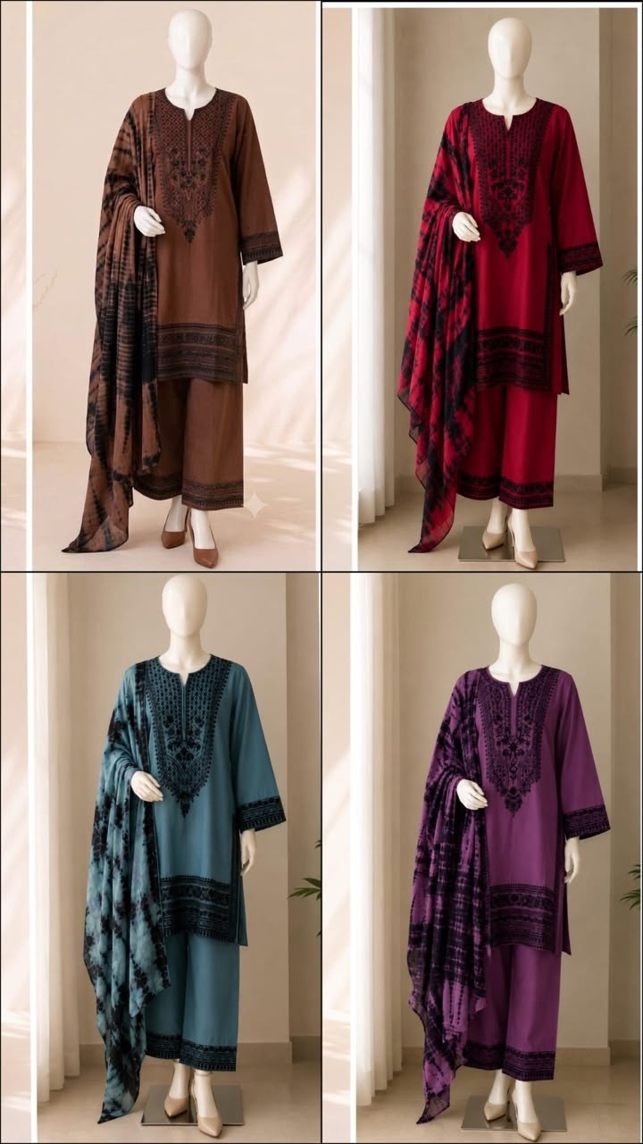 Shop Zahra Glamour ZG-229 Pakistani 3-piece suit with intricate thread embroidery, chiffon tie-dye dupatta and sizes XL to 3XL.