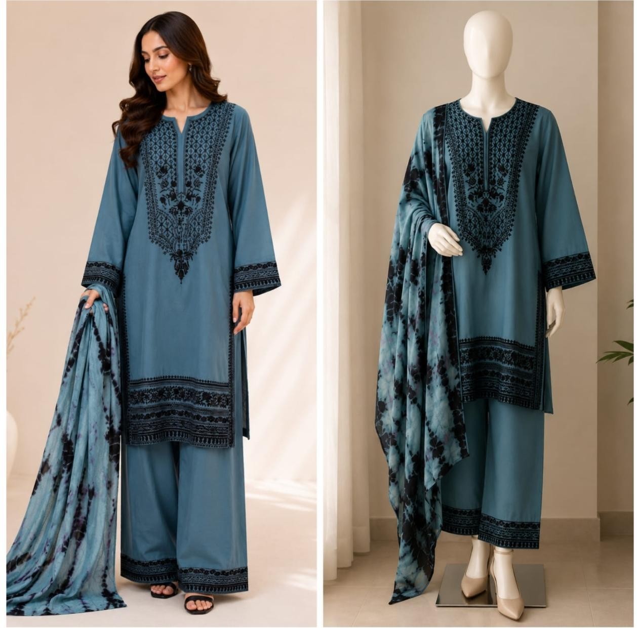 Shop Zahra Glamour ZG-229 Pakistani 3-piece suit with intricate thread embroidery, chiffon tie-dye dupatta and sizes XL to 3XL.