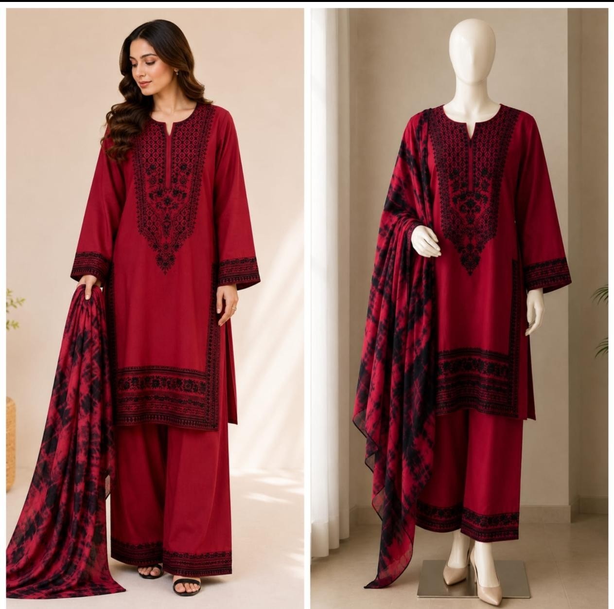 Shop Zahra Glamour ZG-229 Pakistani 3-piece suit with intricate thread embroidery, chiffon tie-dye dupatta and sizes XL to 3XL.