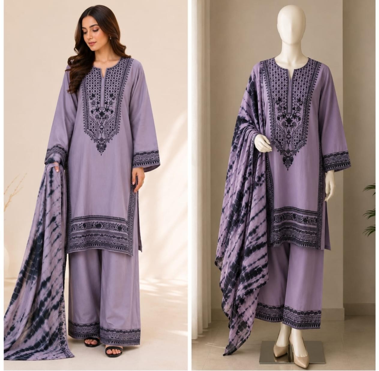 Shop Zahra Glamour ZG-229 Pakistani 3-piece suit with intricate thread embroidery, chiffon tie-dye dupatta and sizes XL to 3XL.