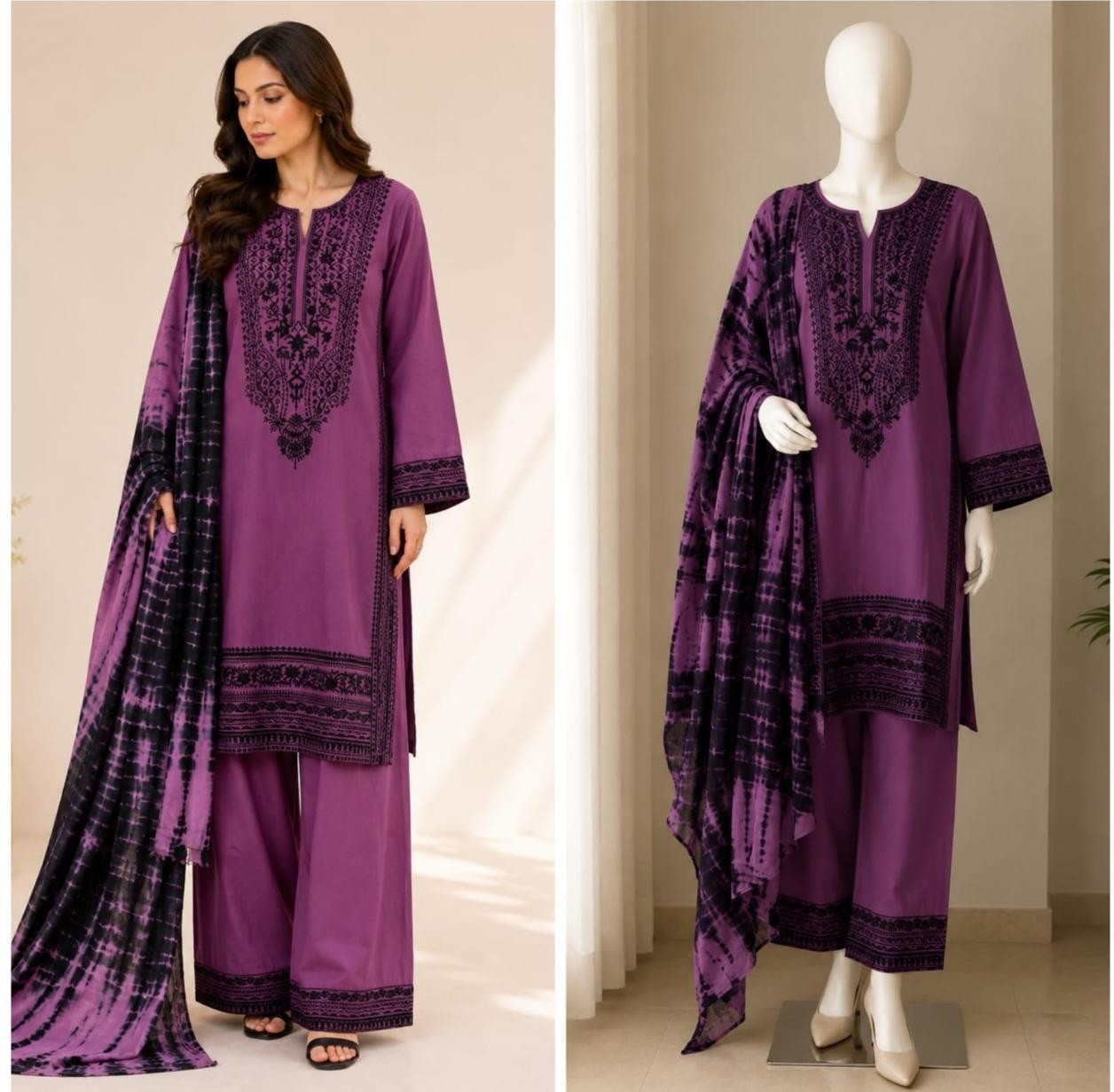 Shop Zahra Glamour ZG-229 Pakistani 3-piece suit with intricate thread embroidery, chiffon tie-dye dupatta and sizes XL to 3XL.