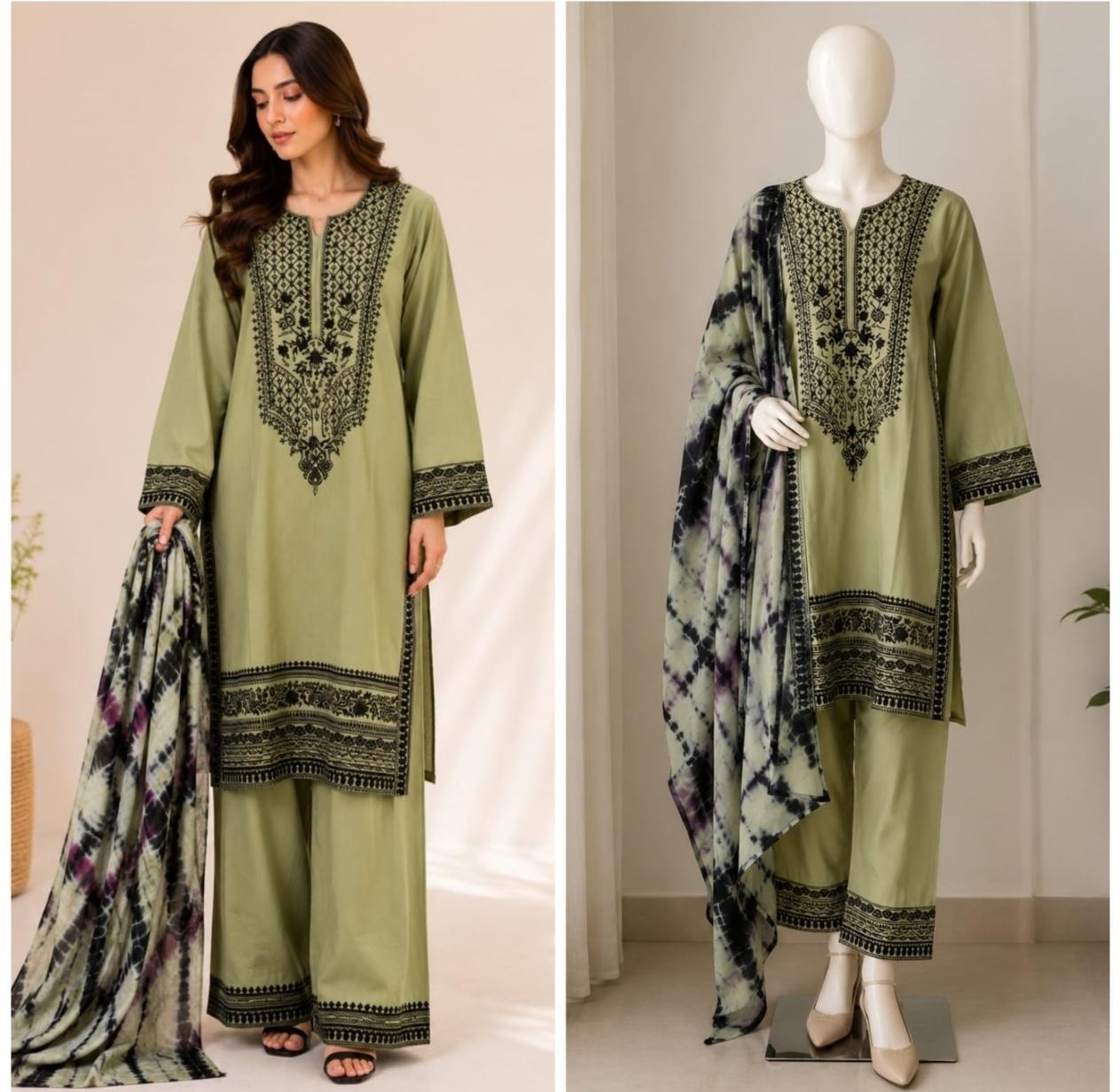 Shop Zahra Glamour ZG-229 Pakistani 3-piece suit with intricate thread embroidery, chiffon tie-dye dupatta and sizes XL to 3XL.