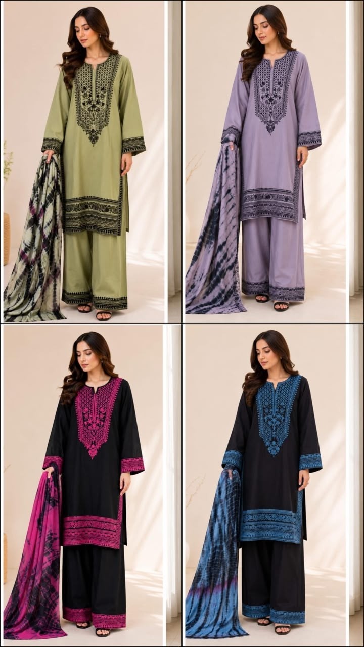 Shop Zahra Glamour ZG-229 Pakistani 3-piece suit with intricate thread embroidery, chiffon tie-dye dupatta and sizes XL to 3XL.