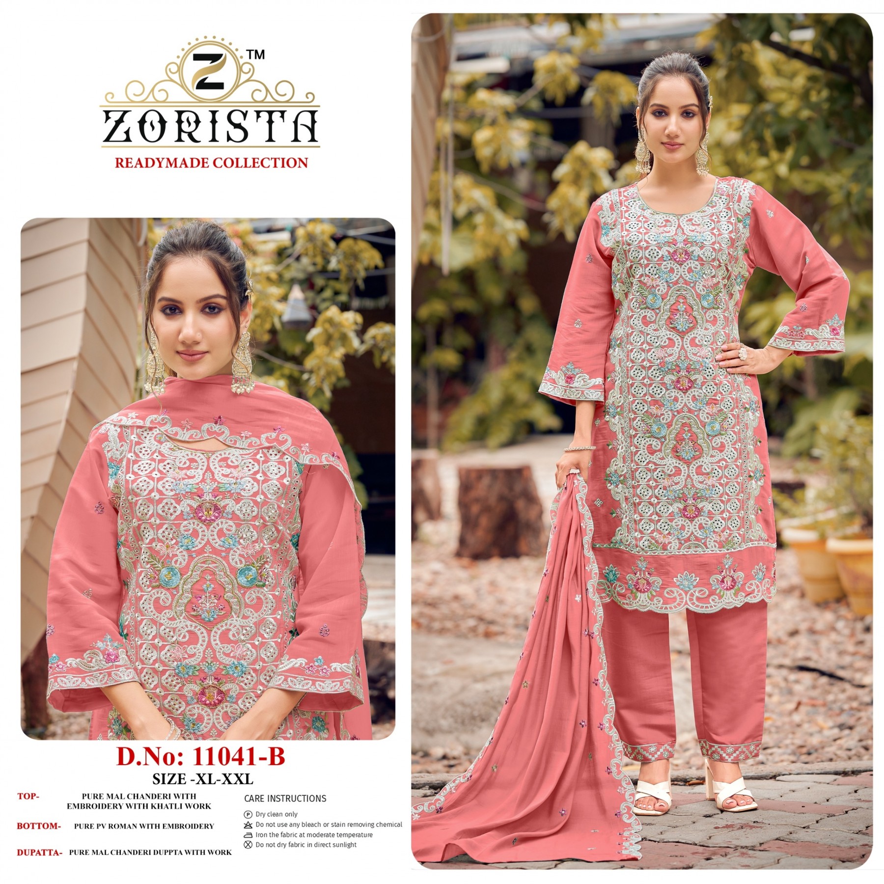 Shop ZORISTA 11041 Pure Mal Chanderi readymade suit with heavy embroidery and Khatli work, Pure Roman bottom and Chanderi dupatta. XL to XXL.