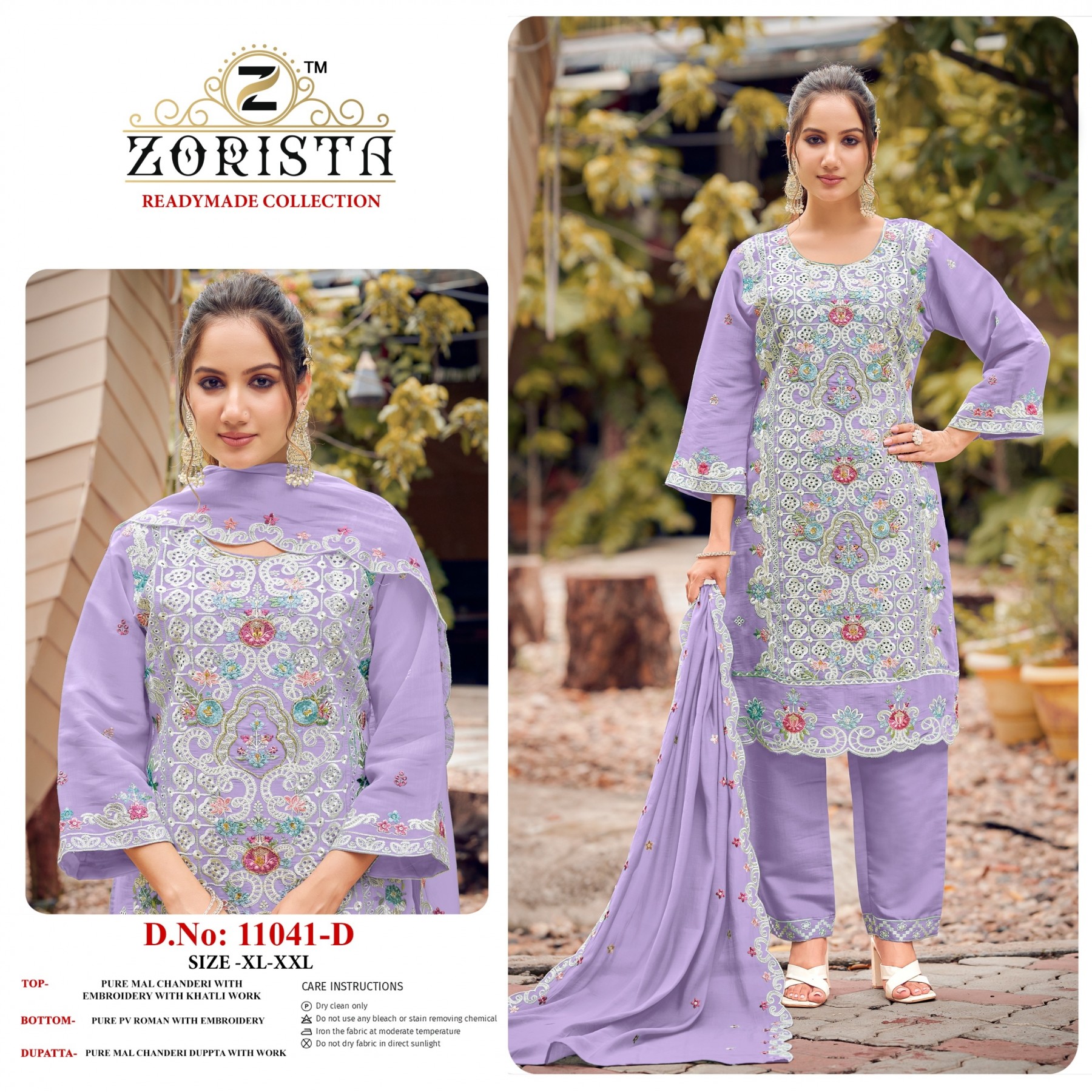 Shop ZORISTA 11041 Pure Mal Chanderi readymade suit with heavy embroidery and Khatli work, Pure Roman bottom and Chanderi dupatta. XL to XXL.