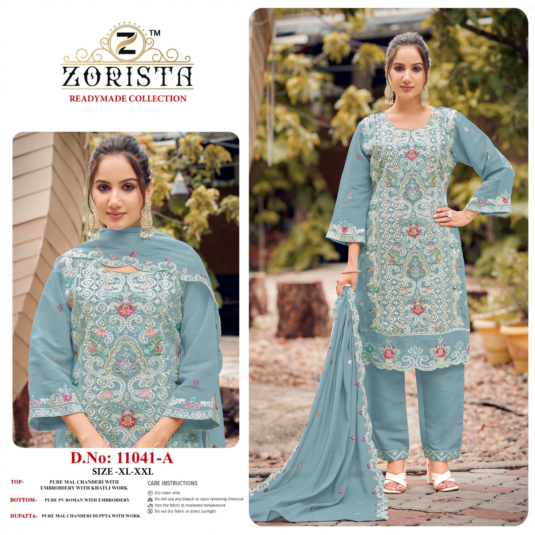 Shop ZORISTA 11041 Pure Mal Chanderi readymade suit with heavy embroidery and Khatli work, Pure Roman bottom and Chanderi dupatta. XL to XXL.