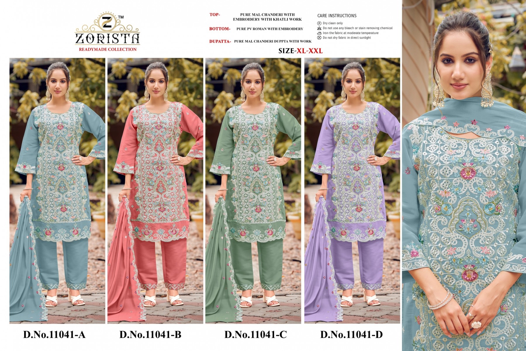 Shop ZORISTA 11041 Pure Mal Chanderi readymade suit with heavy embroidery and Khatli work, Pure Roman bottom and Chanderi dupatta. XL to XXL.