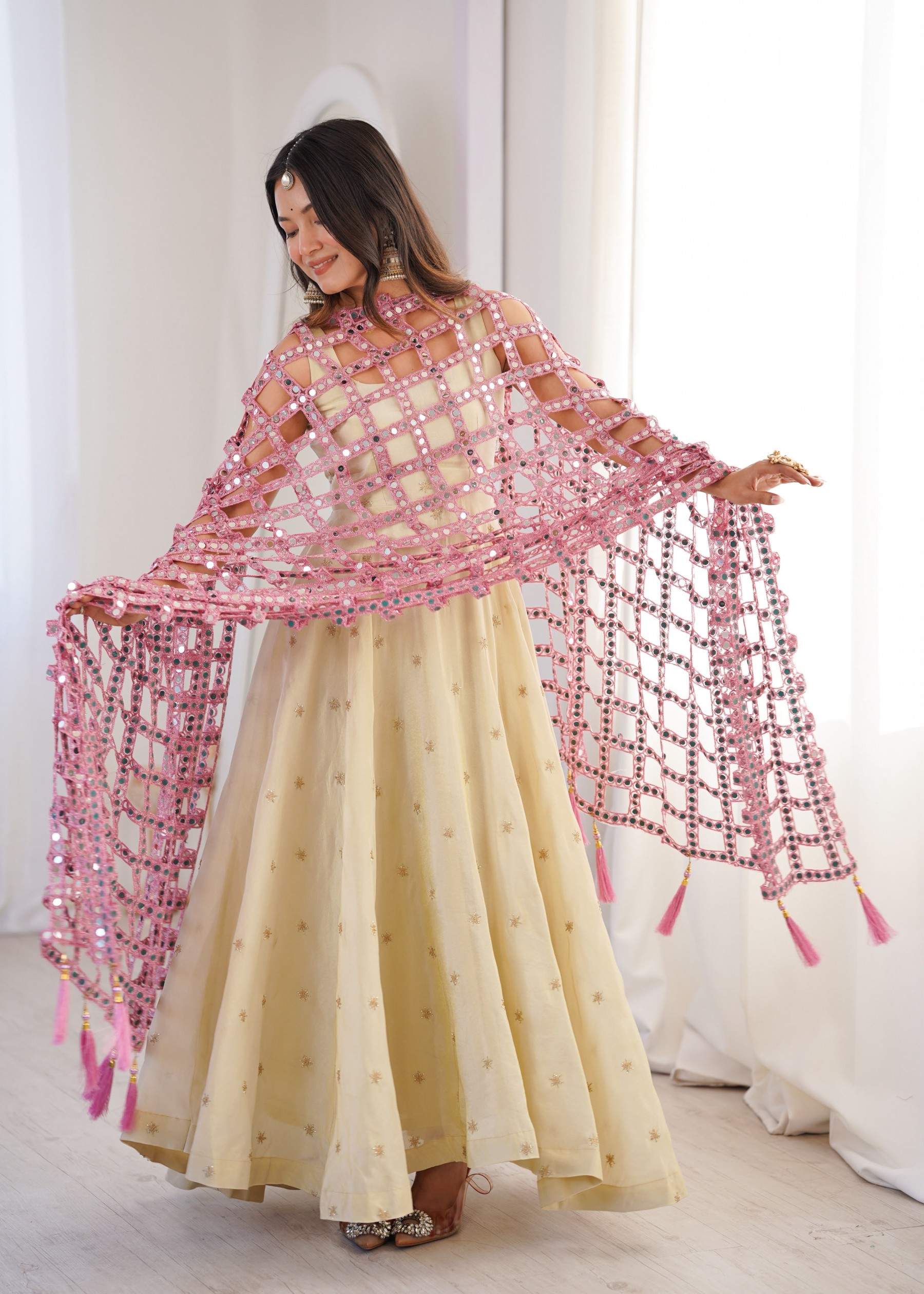 ZSR-3161 | Soft Net Real Mirror Work Designer Dupatta