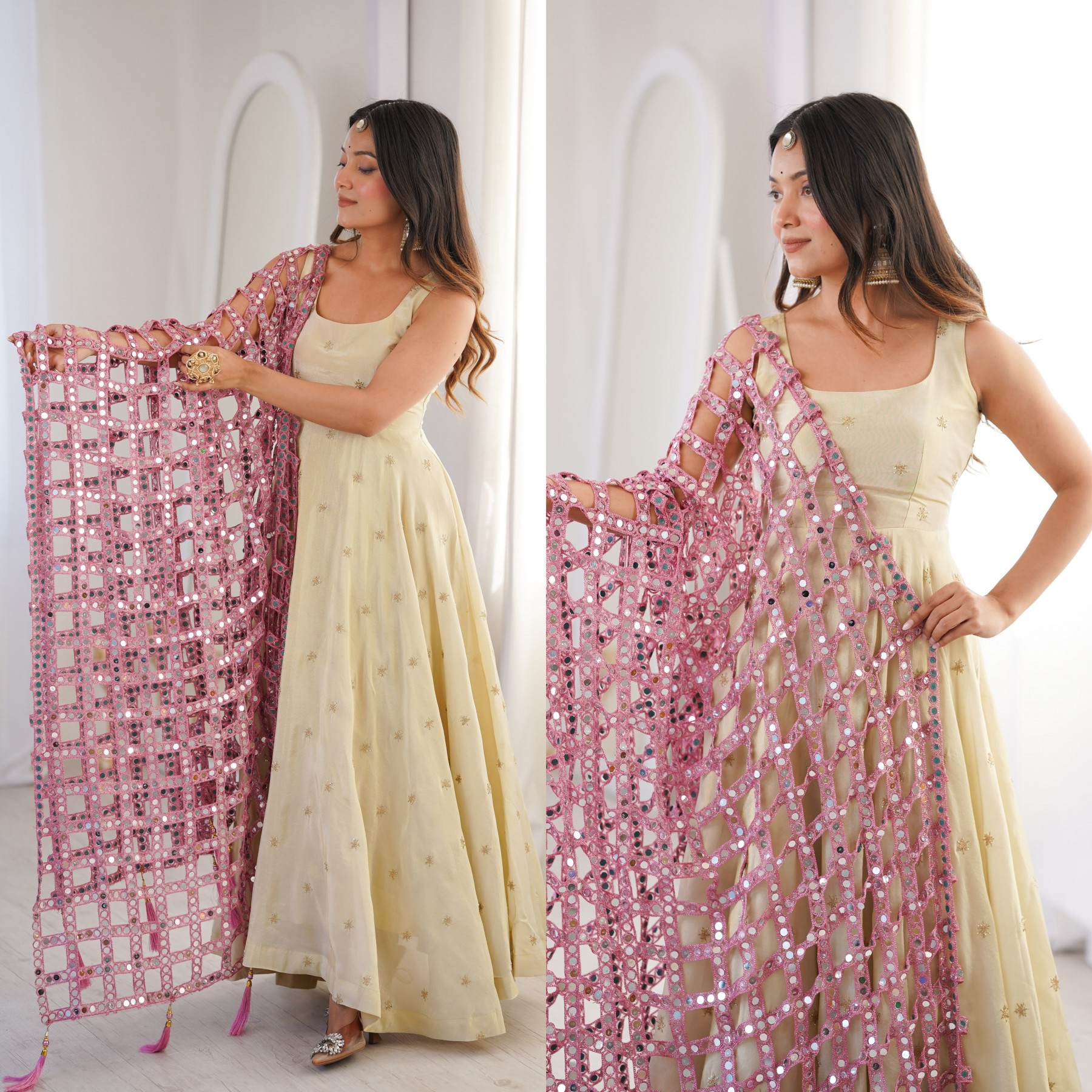ZSR-3161 | Soft Net Real Mirror Work Designer Dupatta