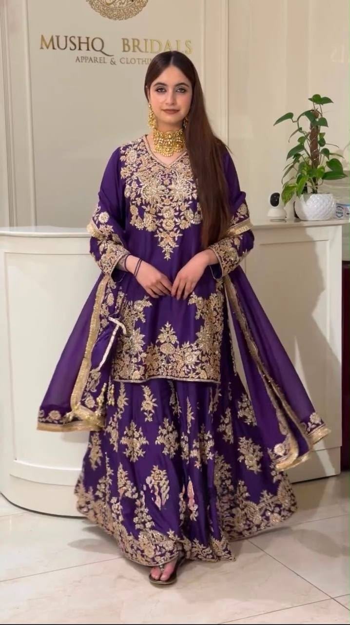 Shop MT-1079 heavy natural silk embroidered palazzo suit with Chine sequence work, Micro Cotton inner and faux georgette lace-border dupatta.