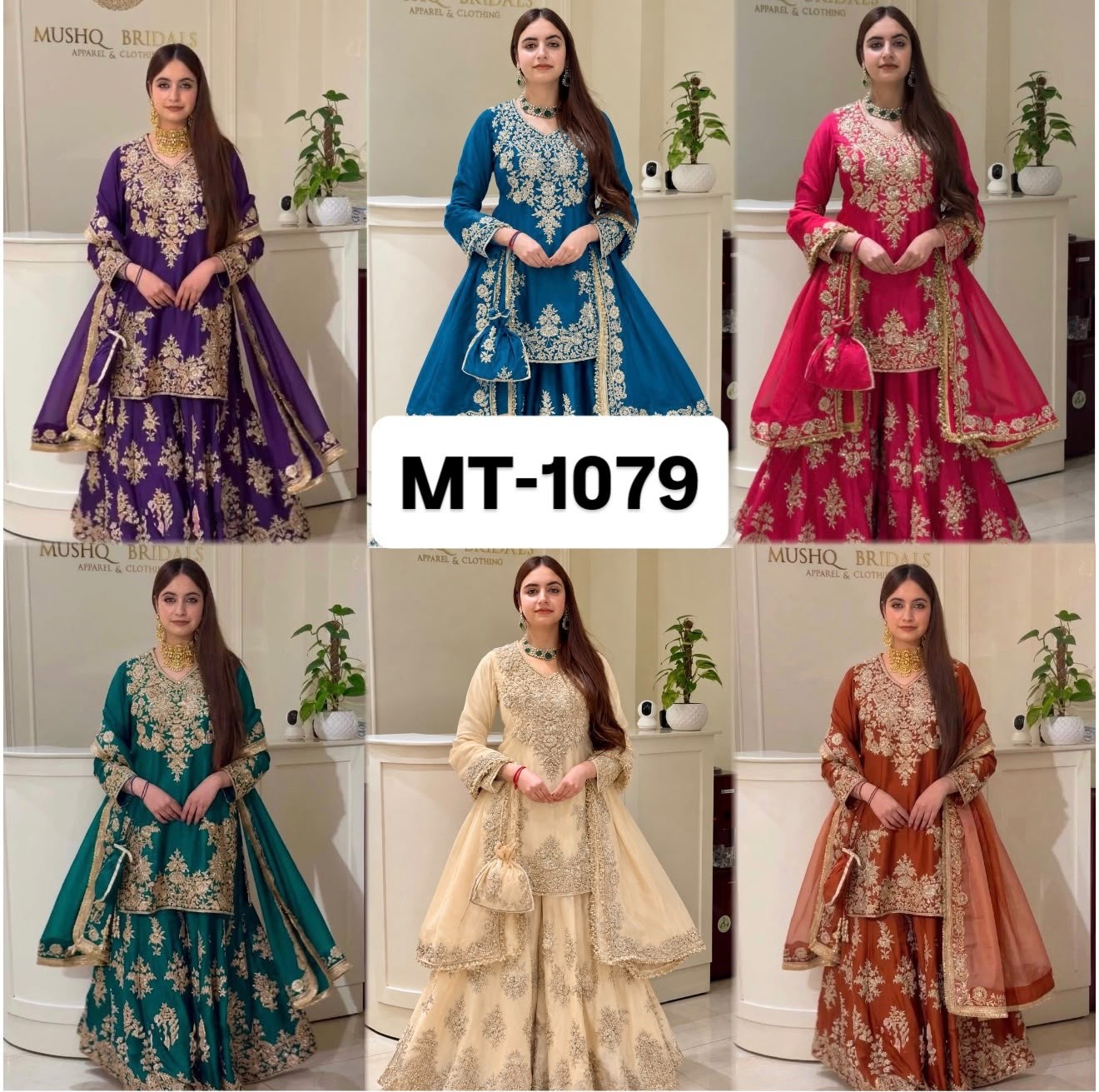 Shop MT-1079 heavy natural silk embroidered palazzo suit with Chine sequence work, Micro Cotton inner and faux georgette lace-border dupatta.