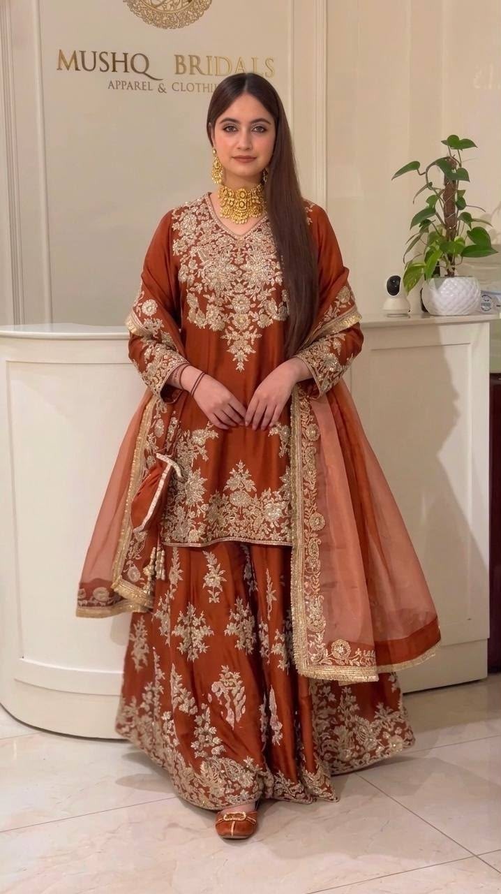 Shop MT-1079 heavy natural silk embroidered palazzo suit with Chine sequence work, Micro Cotton inner and faux georgette lace-border dupatta.