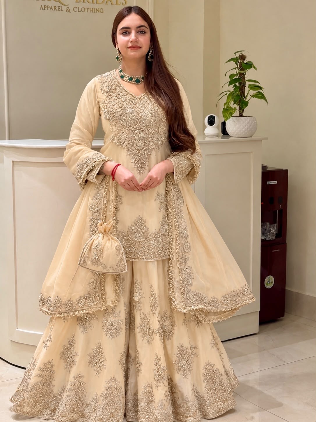 Shop MT-1079 heavy natural silk embroidered palazzo suit with Chine sequence work, Micro Cotton inner and faux georgette lace-border dupatta.
