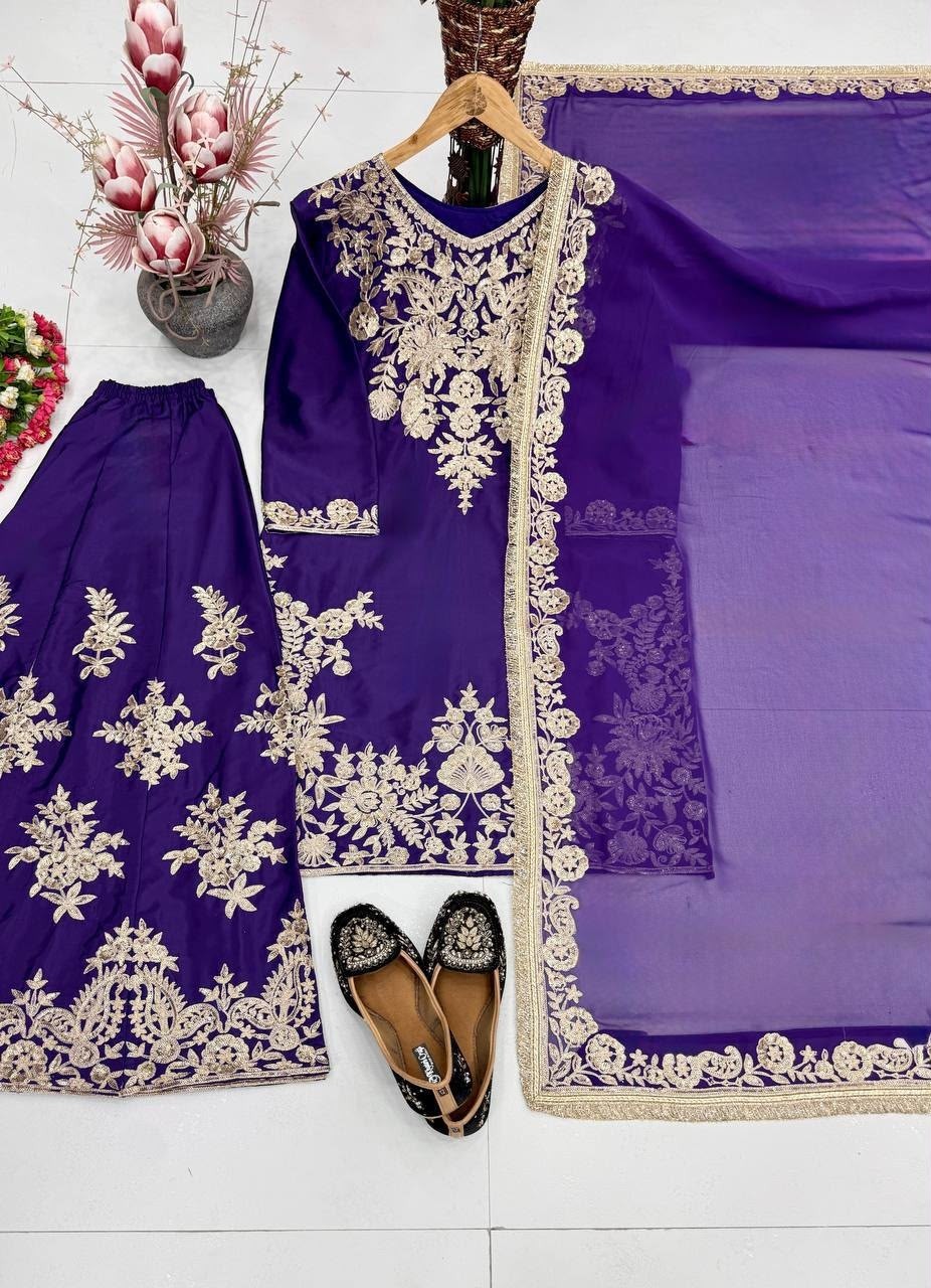 Shop MT-1079 heavy natural silk embroidered palazzo suit with Chine sequence work, Micro Cotton inner and faux georgette lace-border dupatta.