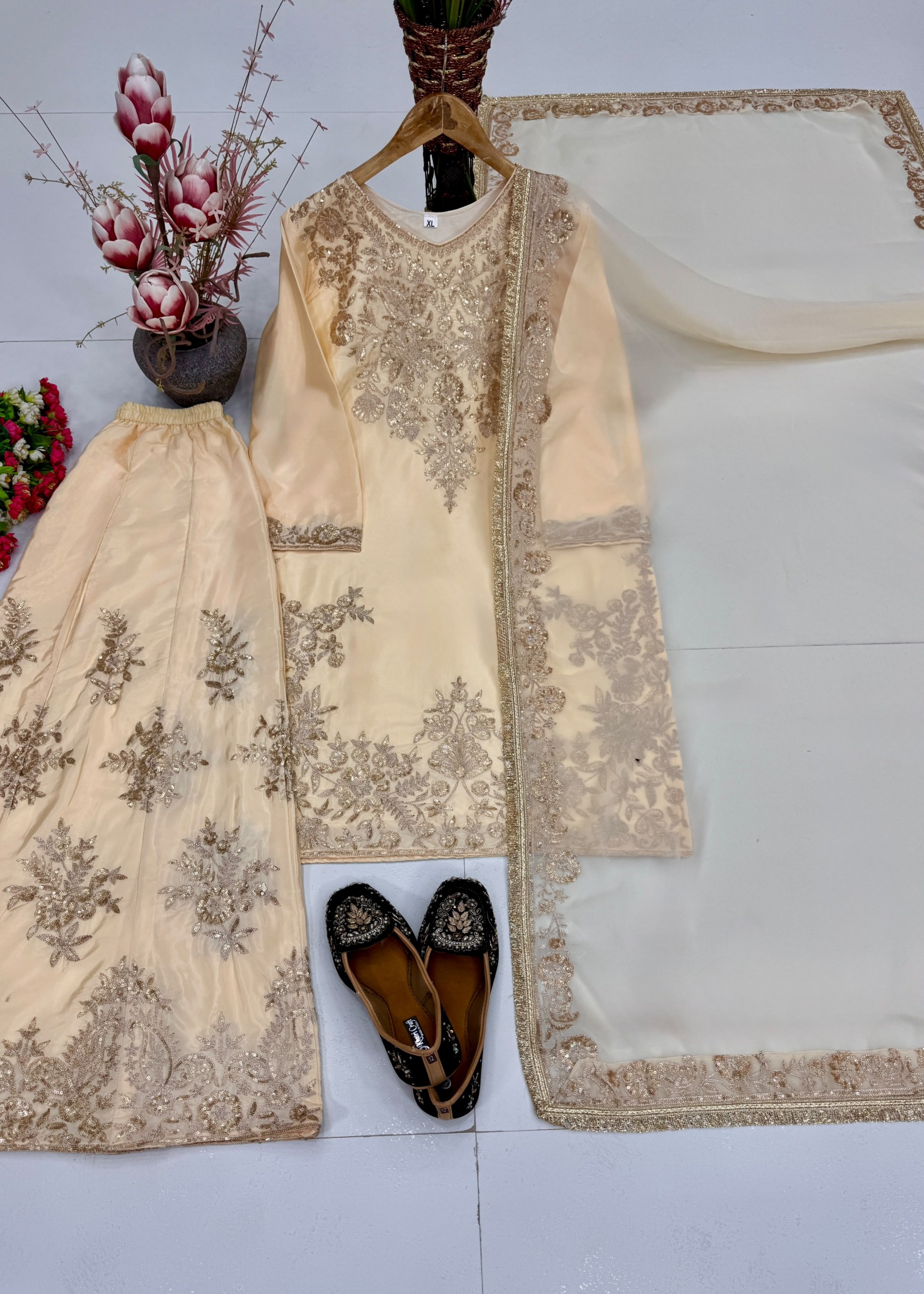Shop MT-1079 heavy natural silk embroidered palazzo suit with Chine sequence work, Micro Cotton inner and faux georgette lace-border dupatta.