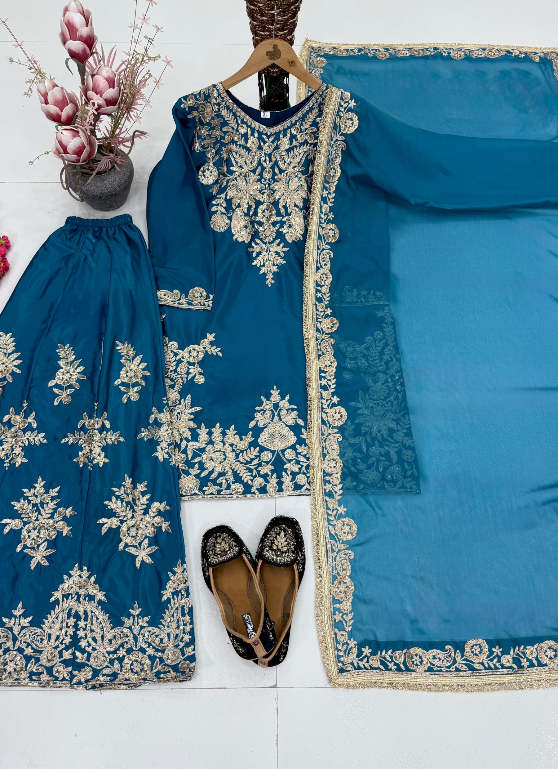 Shop MT-1079 heavy natural silk embroidered palazzo suit with Chine sequence work, Micro Cotton inner and faux georgette lace-border dupatta.