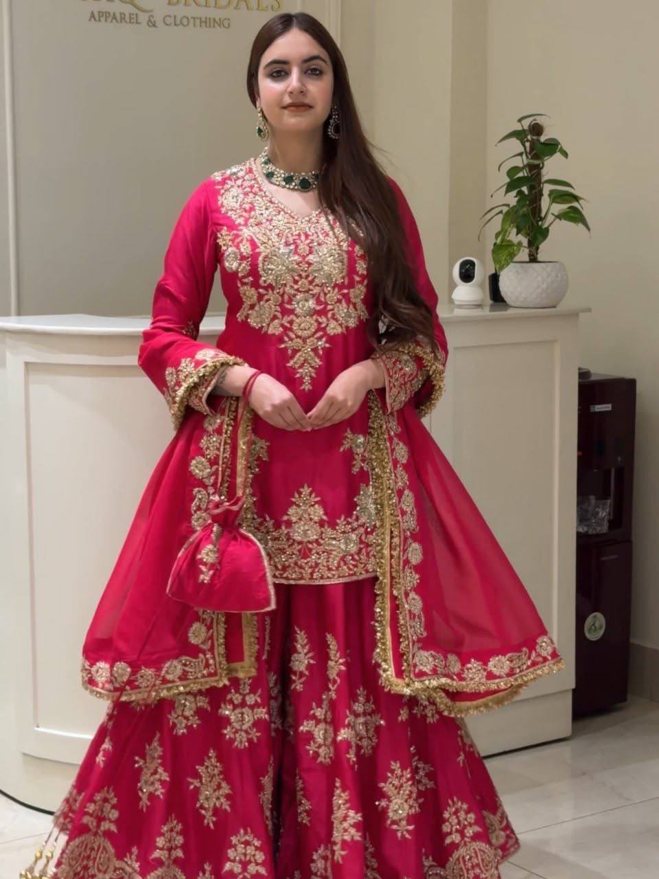 Shop MT-1079 heavy natural silk embroidered palazzo suit with Chine sequence work, Micro Cotton inner and faux georgette lace-border dupatta.