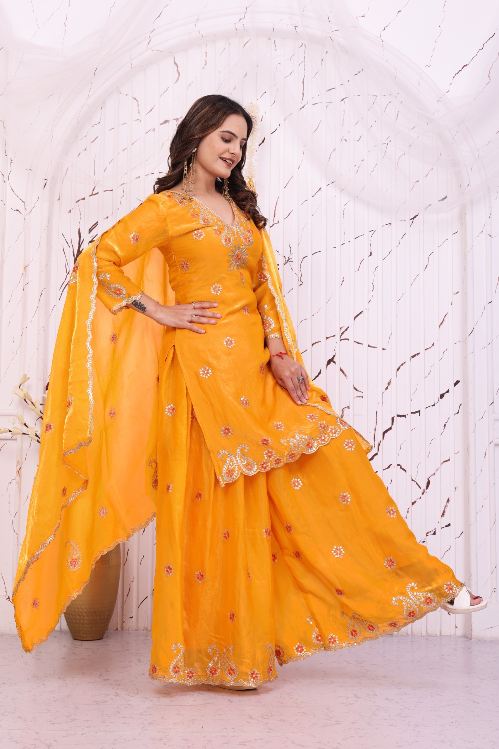FE-149 Premium Fendy Silk Sequence Embroidered Sharara Set
