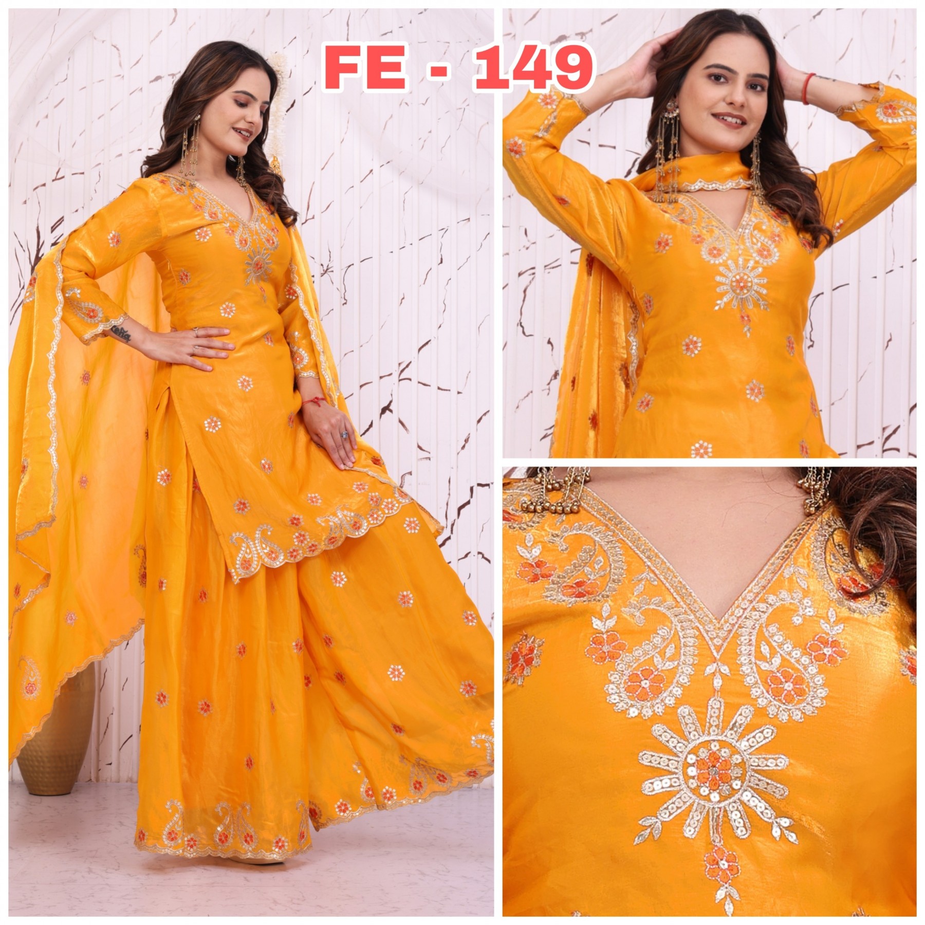 FE-149 Premium Fendy Silk Sequence Embroidered Sharara Set