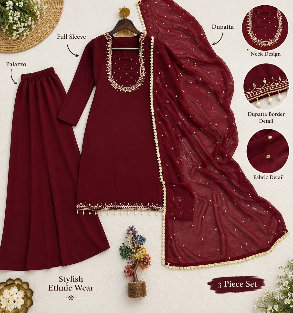 JD-656 | Heavy Faux Georgette Embroidered Kurti Palazzo Set