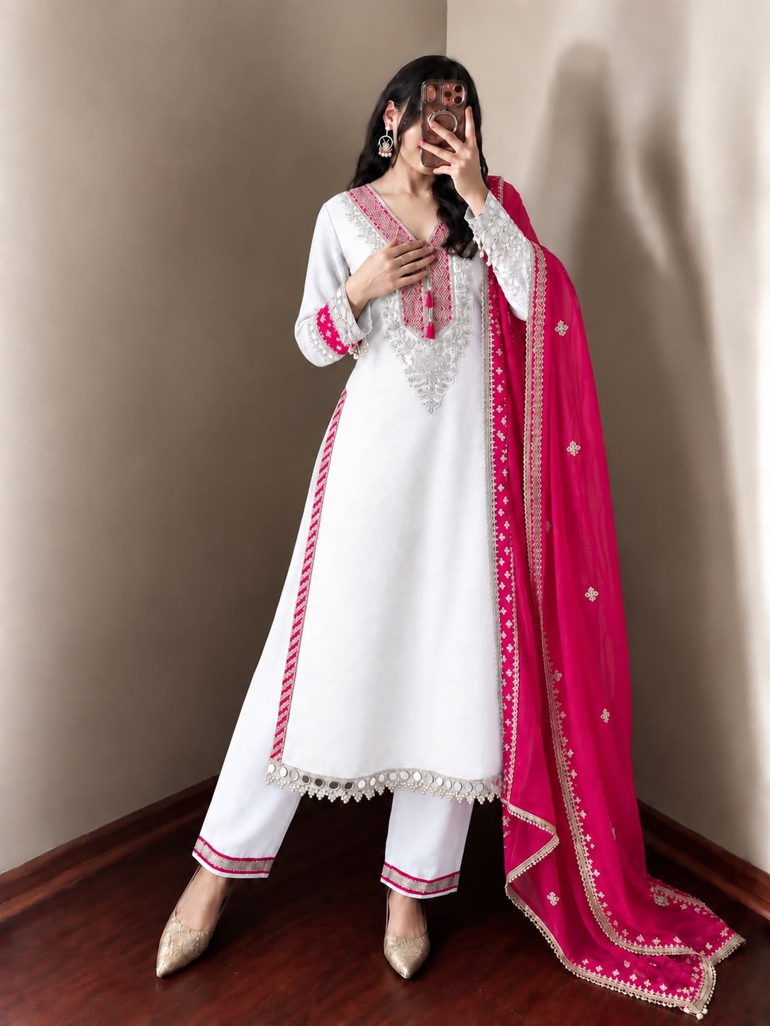 Shop ZSR-3190 Heavy Pure Chinnon suit with real mirror and Moti work, sequence embroidered pant and Fendy Silk lace-border dupatta.