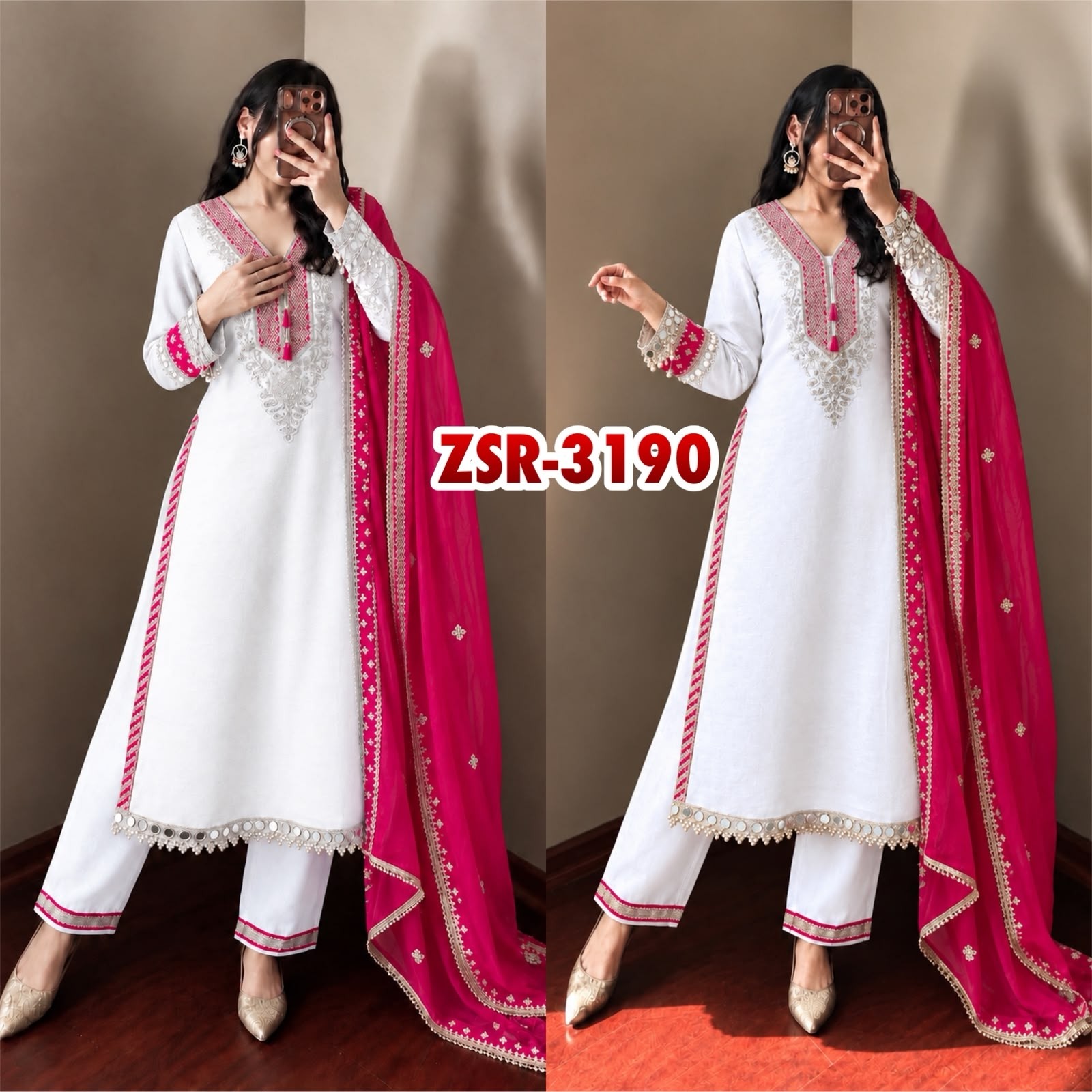 Shop ZSR-3190 Heavy Pure Chinnon suit with real mirror and Moti work, sequence embroidered pant and Fendy Silk lace-border dupatta.
