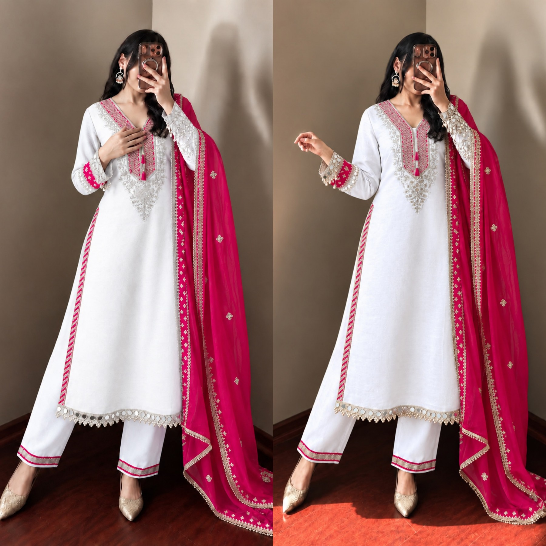 Shop ZSR-3190 Heavy Pure Chinnon suit with real mirror and Moti work, sequence embroidered pant and Fendy Silk lace-border dupatta.