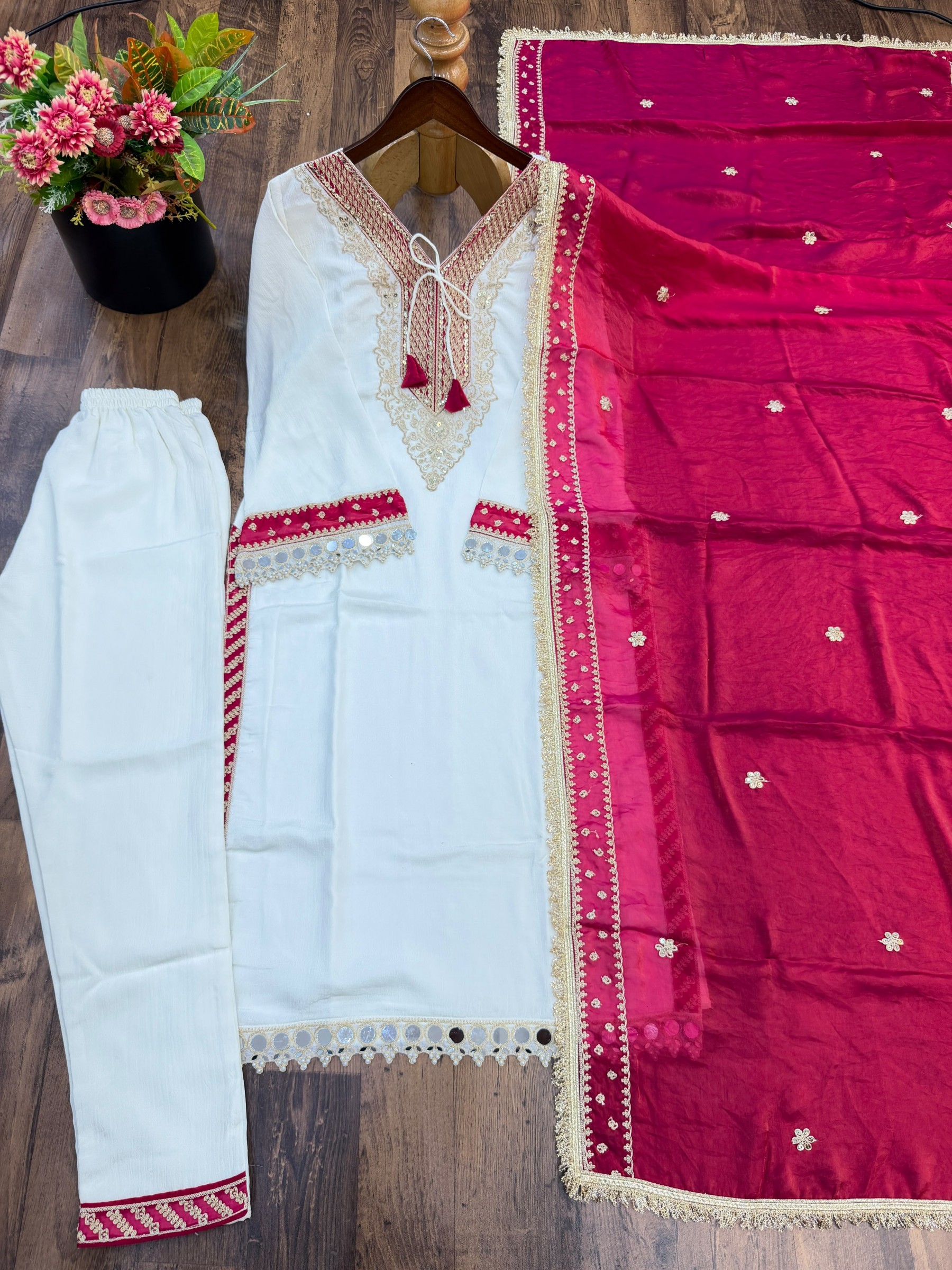 Shop ZSR-3190 Heavy Pure Chinnon suit with real mirror and Moti work, sequence embroidered pant and Fendy Silk lace-border dupatta.