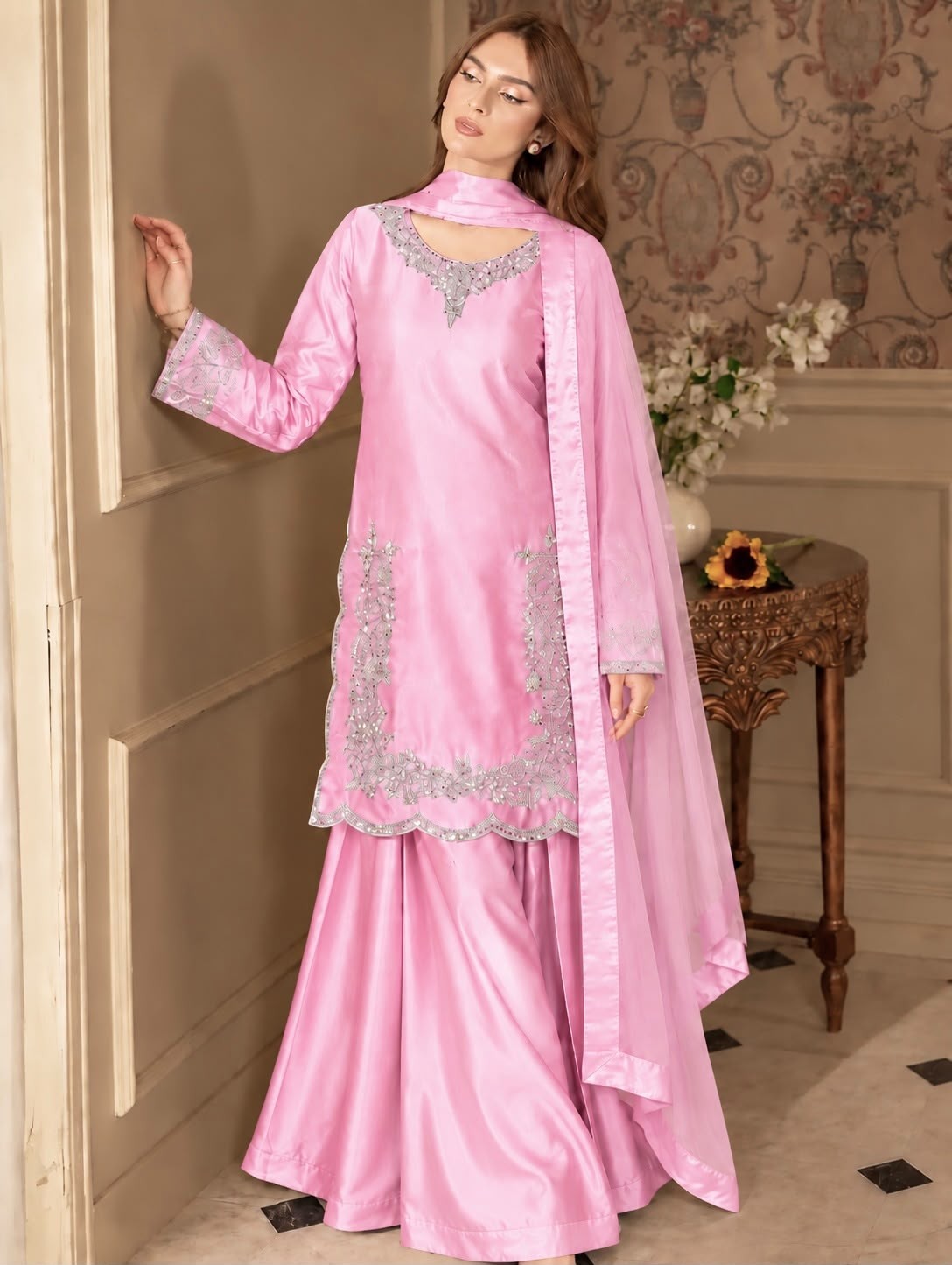 HK-1746 | Devsena Silk Embroidered Palazzo Suit
