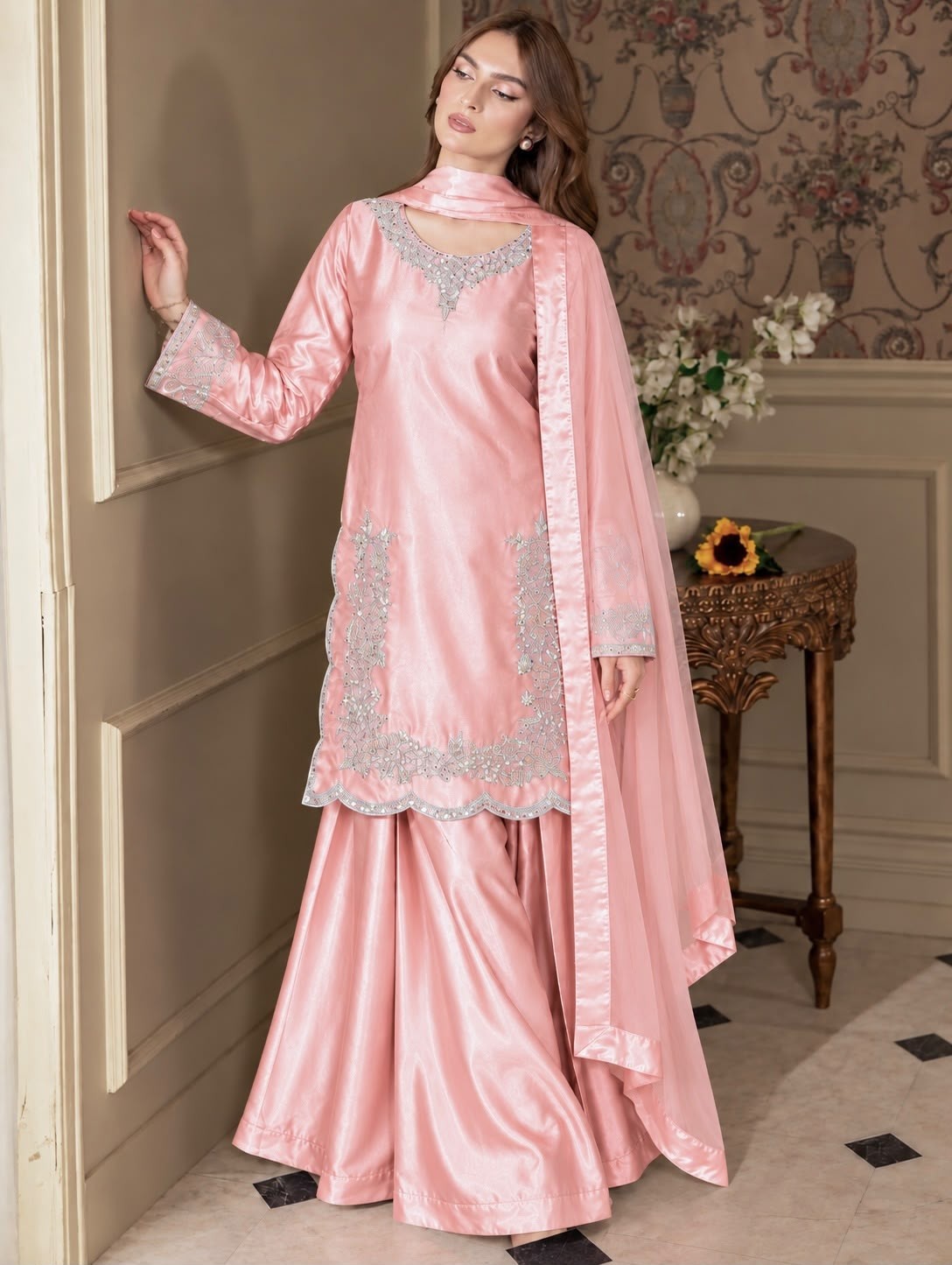 HK-1746 | Devsena Silk Embroidered Palazzo Suit