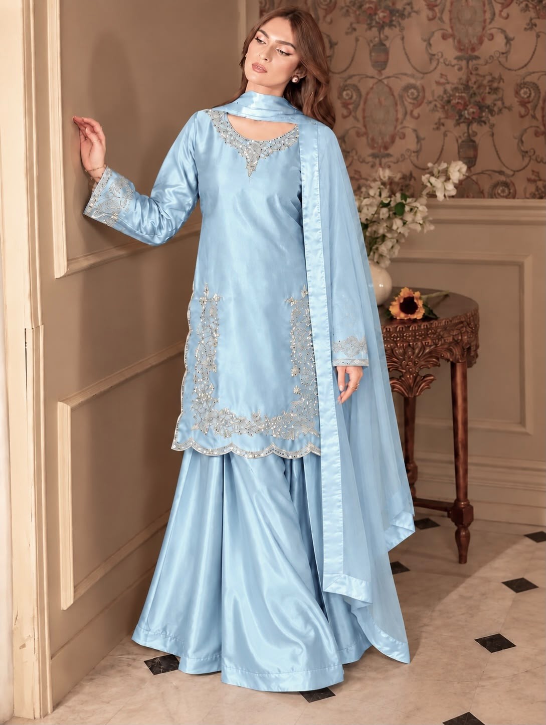 HK-1746 | Devsena Silk Embroidered Palazzo Suit