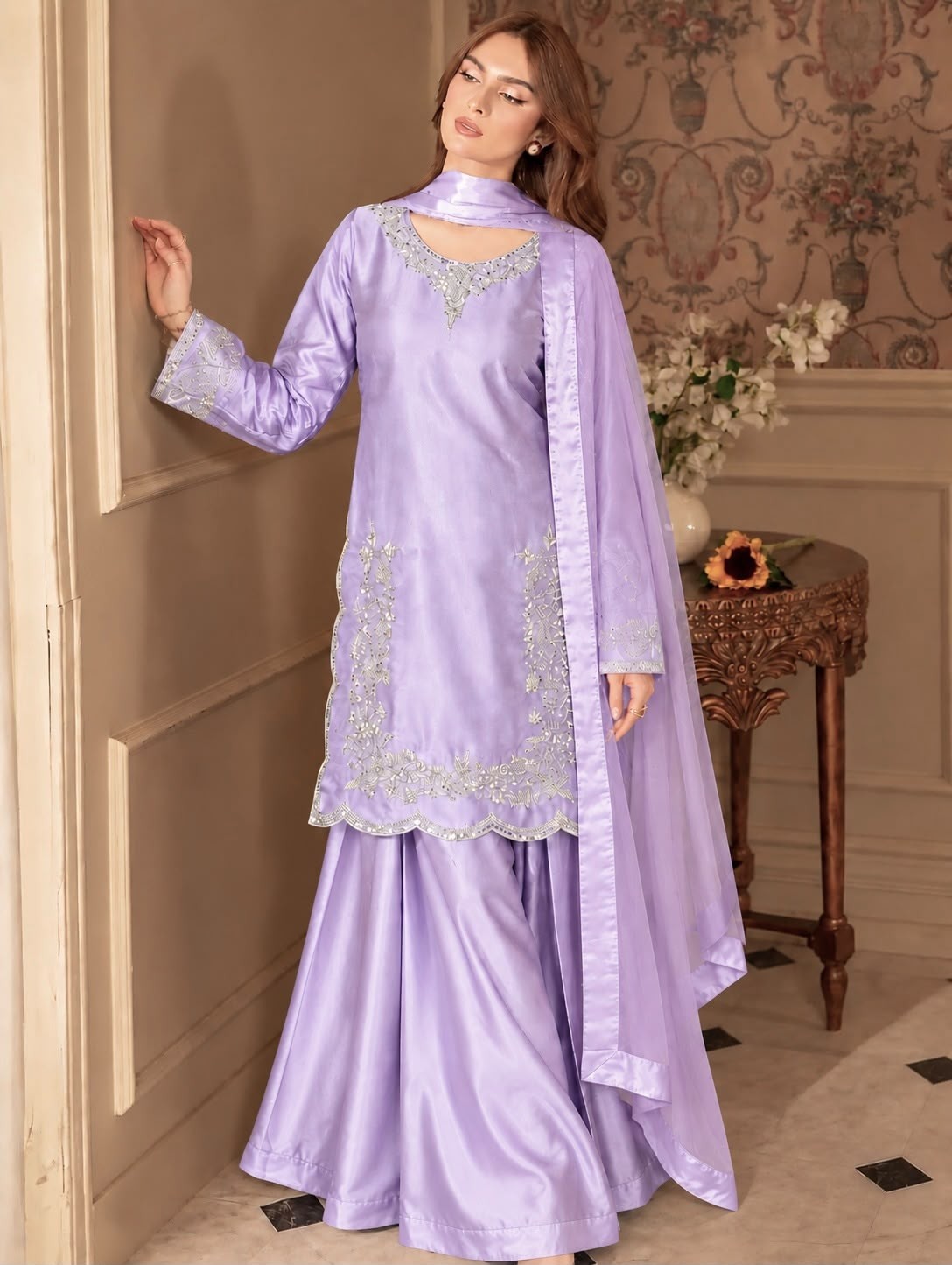 HK-1746 | Devsena Silk Embroidered Palazzo Suit