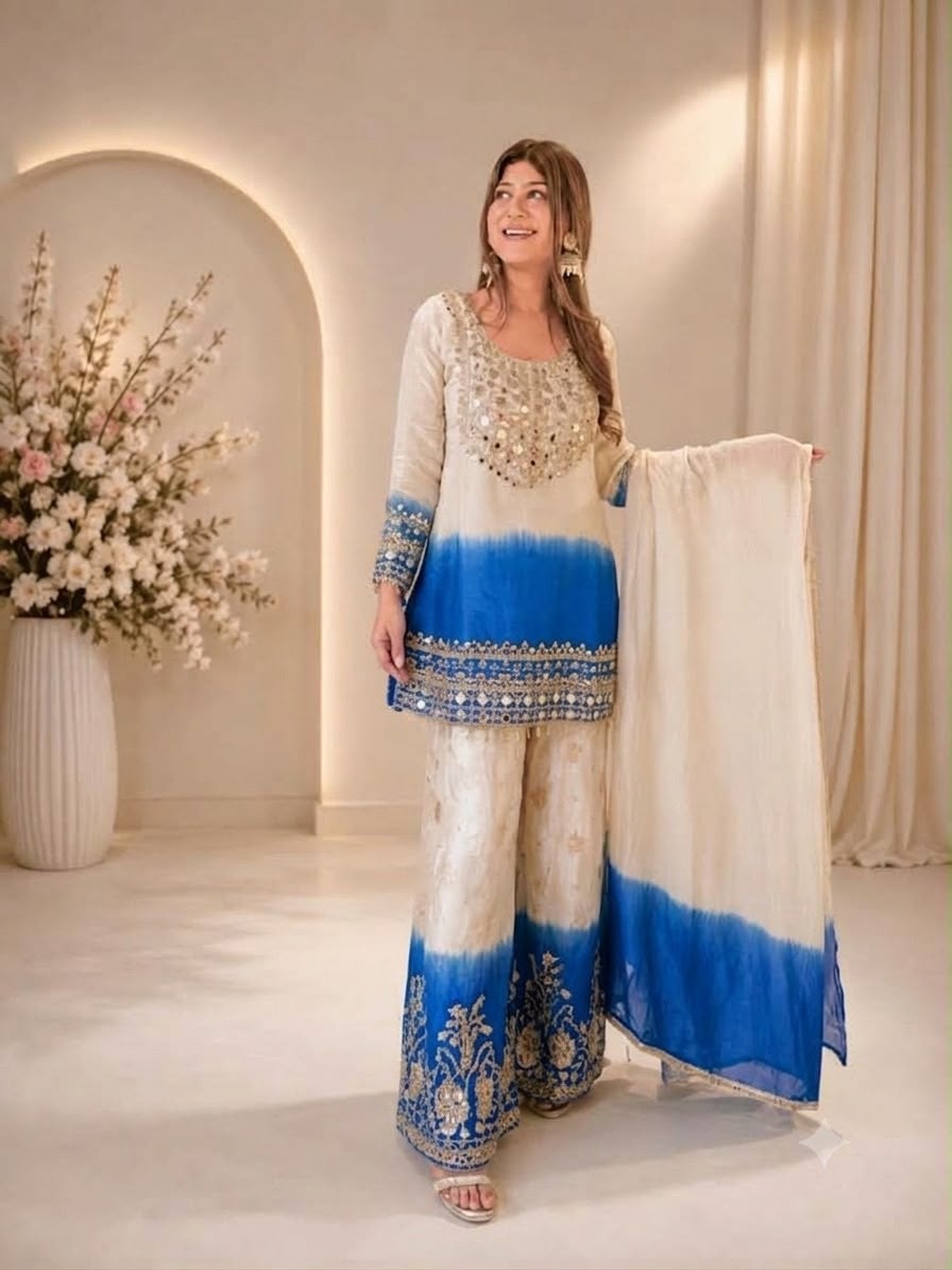 BE-491 | Star Georgette Real Mirror Work Palazzo Suit