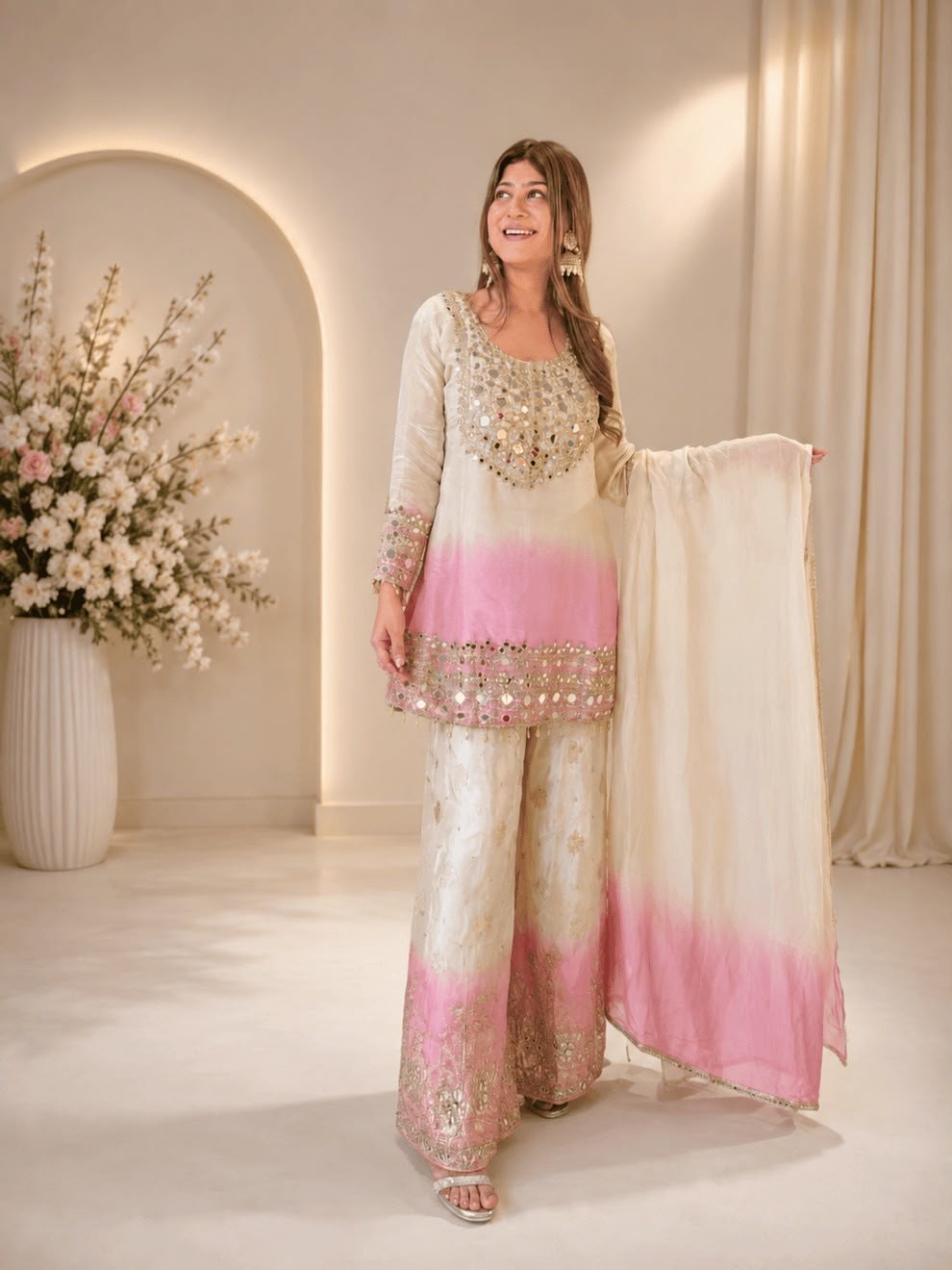 BE-491 | Star Georgette Real Mirror Work Palazzo Suit