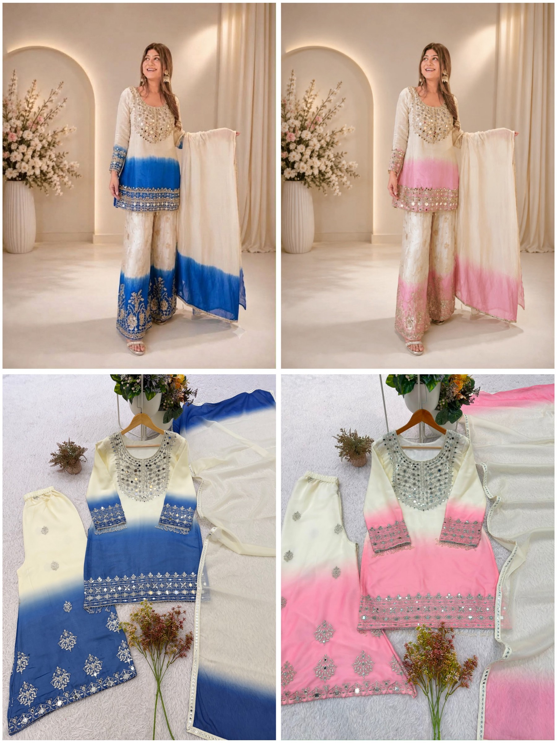 BE-491 | Star Georgette Real Mirror Work Palazzo Suit