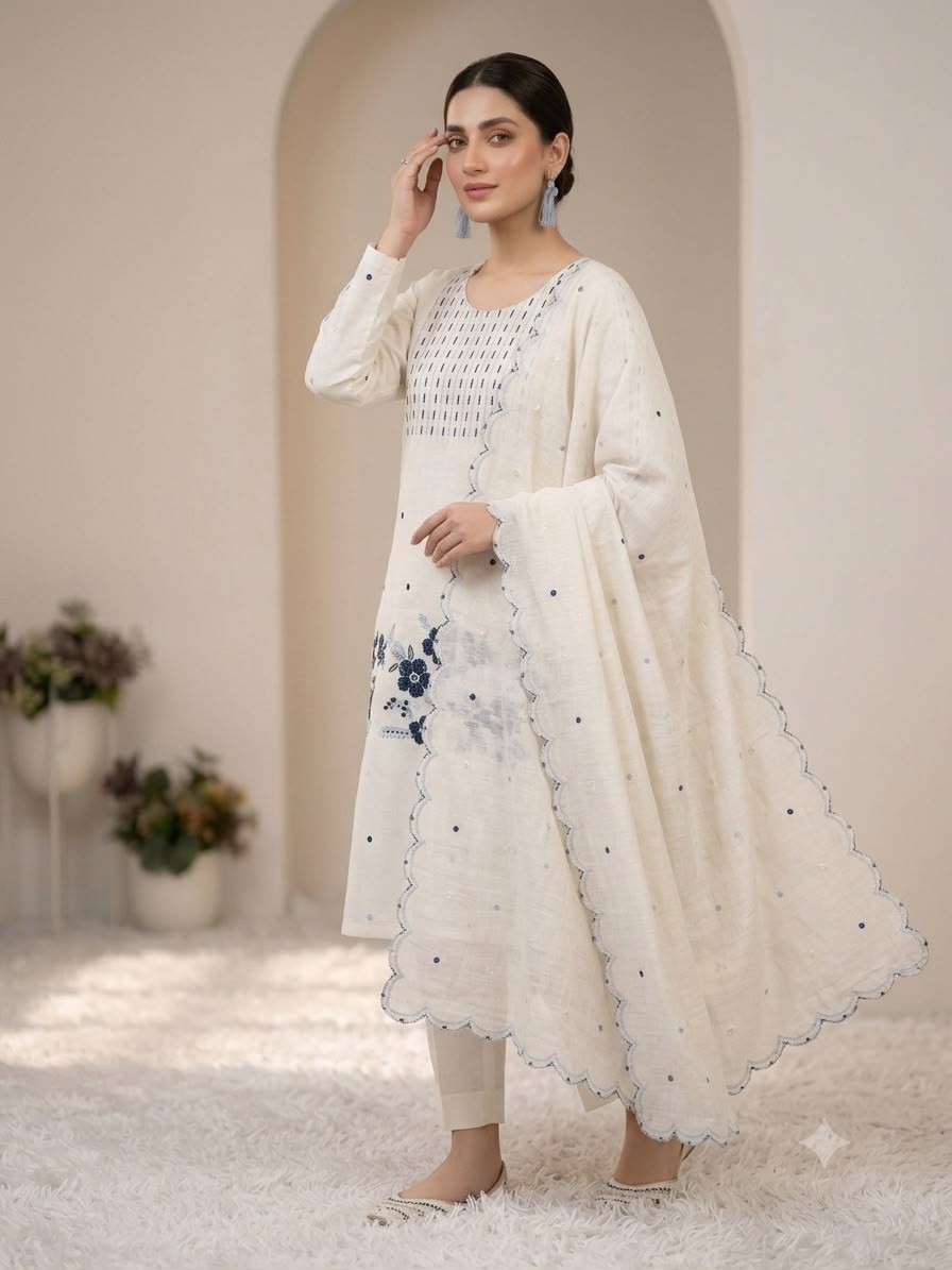 BE-505 | Roman Embroidered Top Pant Dupatta Set