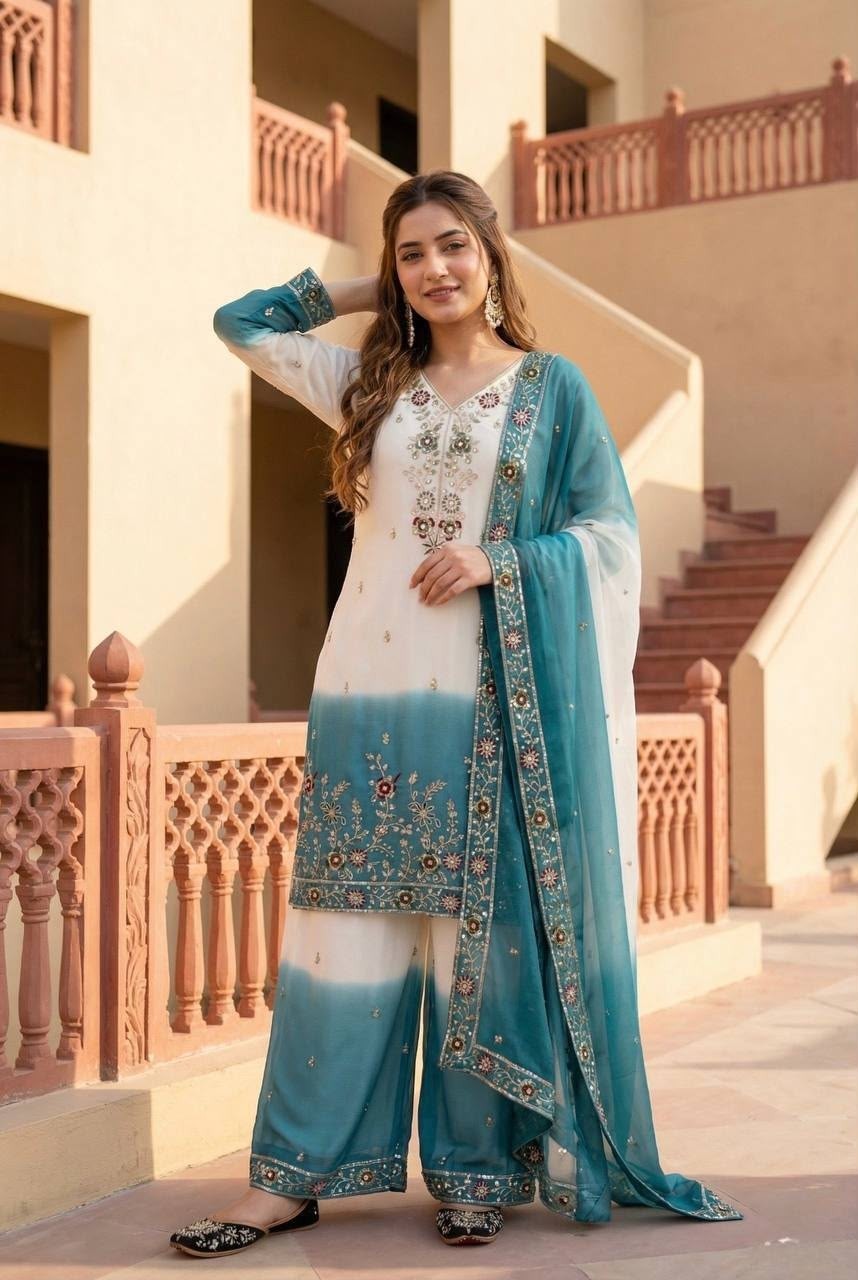 DB-39 | Dual Tone Peding Star Georgette Designer Set