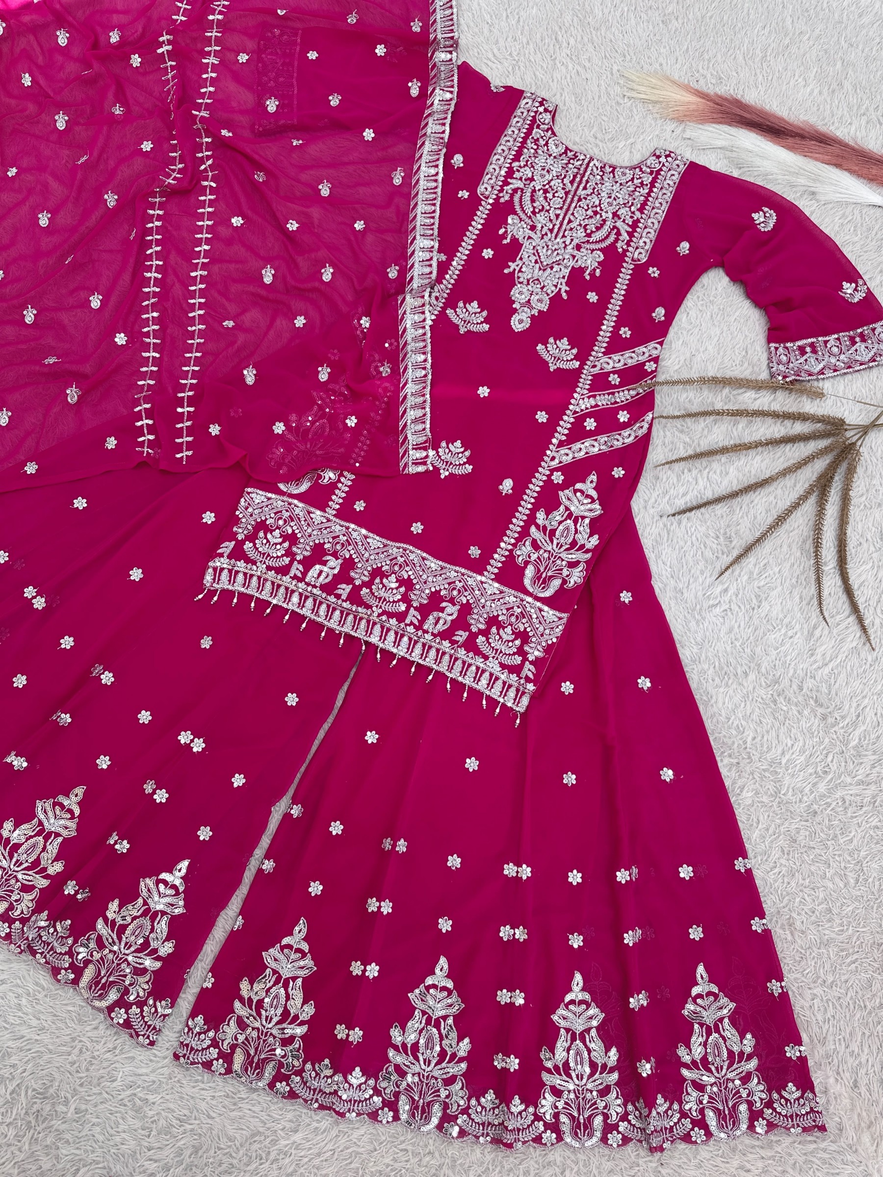 JL-1052 | Blooming Faux Georgette Embroidered Palazzo Set