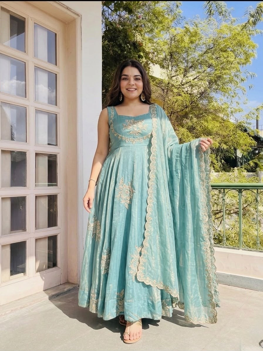 NSR 891 Pure Fendy Silk Heavy Embroidered Gown Sharara Dupatta Set Single Pis Wholesale Price 