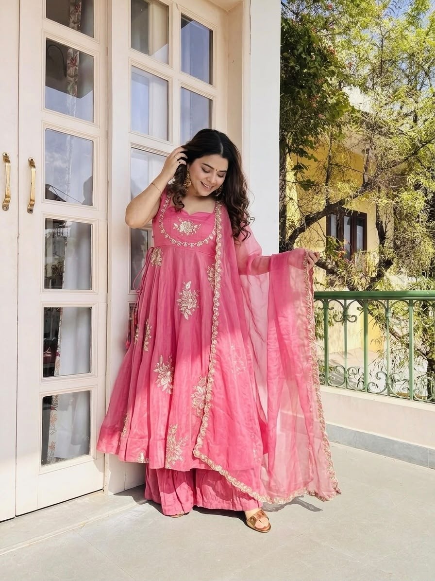 NSR 891 Pure Fendy Silk Heavy Embroidered Gown Sharara Dupatta Set Single Pis Wholesale Price 