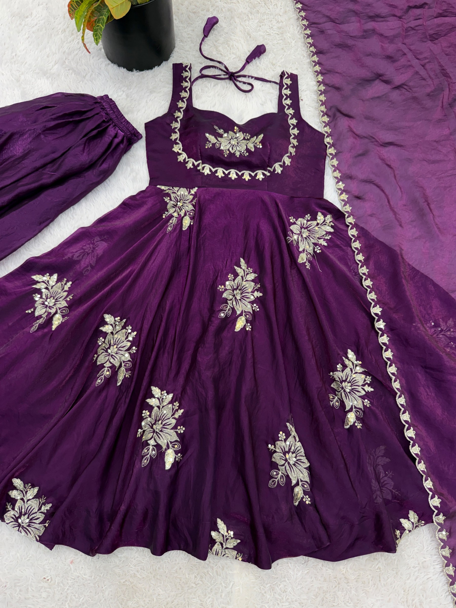 NSR 891 Pure Fendy Silk Heavy Embroidered Gown Sharara Dupatta Set Single Pis Wholesale Price 