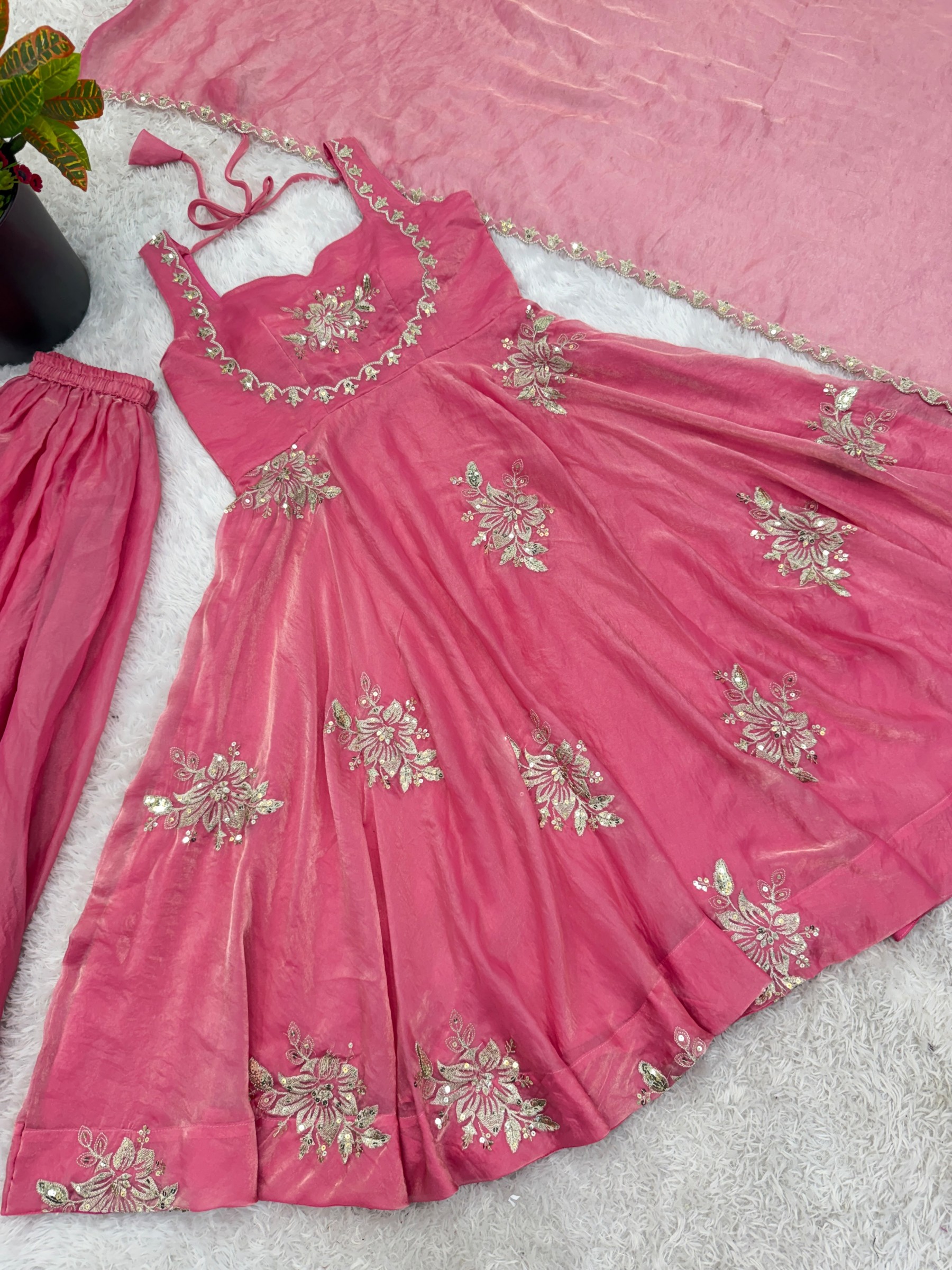 NSR 891 Pure Fendy Silk Heavy Embroidered Gown Sharara Dupatta Set Single Pis Wholesale Price 