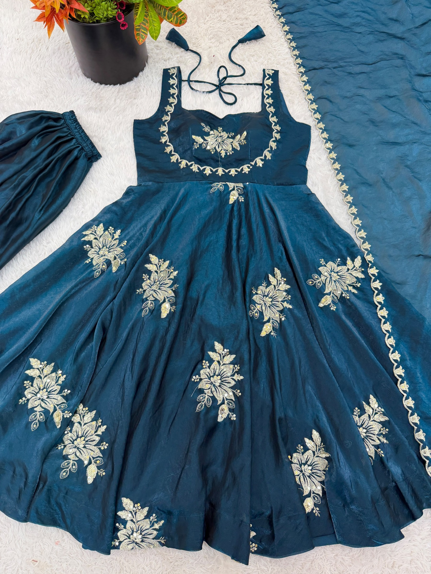 NSR 891 Pure Fendy Silk Heavy Embroidered Gown Sharara Dupatta Set Single Pis Wholesale Price 