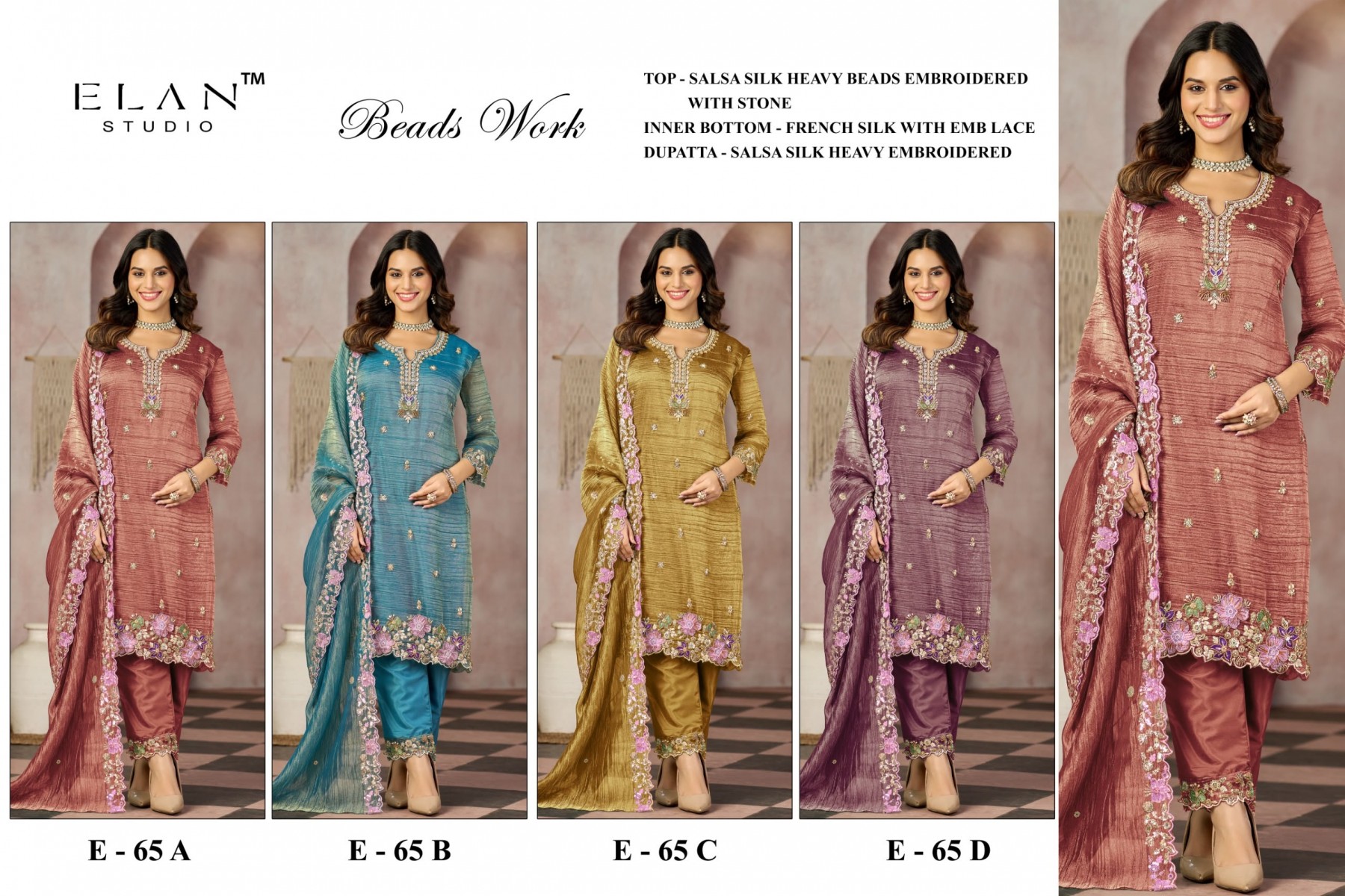 Shop ELAN STUDIO E-65 Salsa 4-Piece Set with heavy beads and stone embroidery, French Silk embroidered lace bottom and heavy embroidered dupatta at ₹1,649/-.