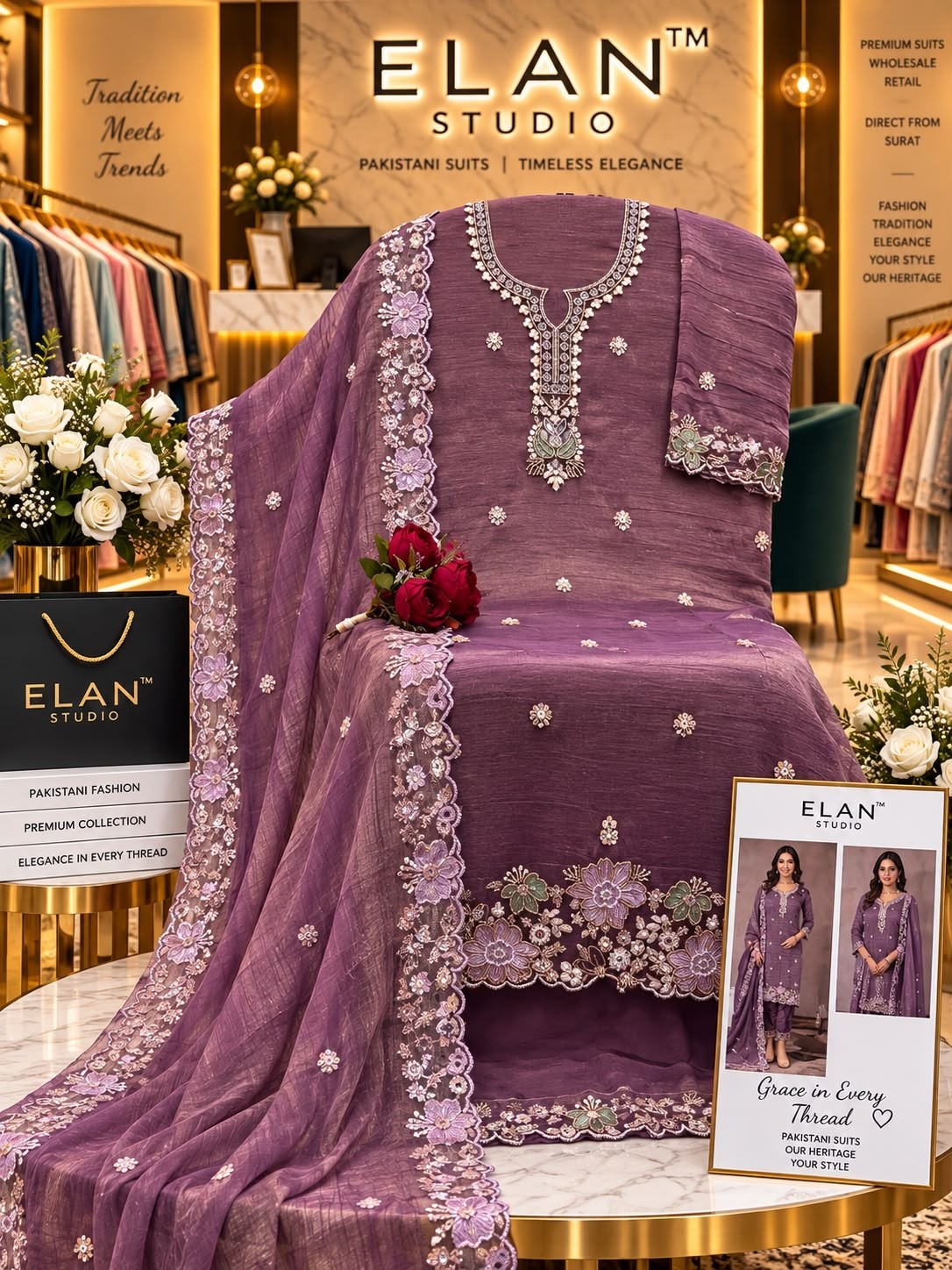 Shop ELAN STUDIO E-65 Salsa 4-Piece Set with heavy beads and stone embroidery, French Silk embroidered lace bottom and heavy embroidered dupatta at ₹1,649/-.