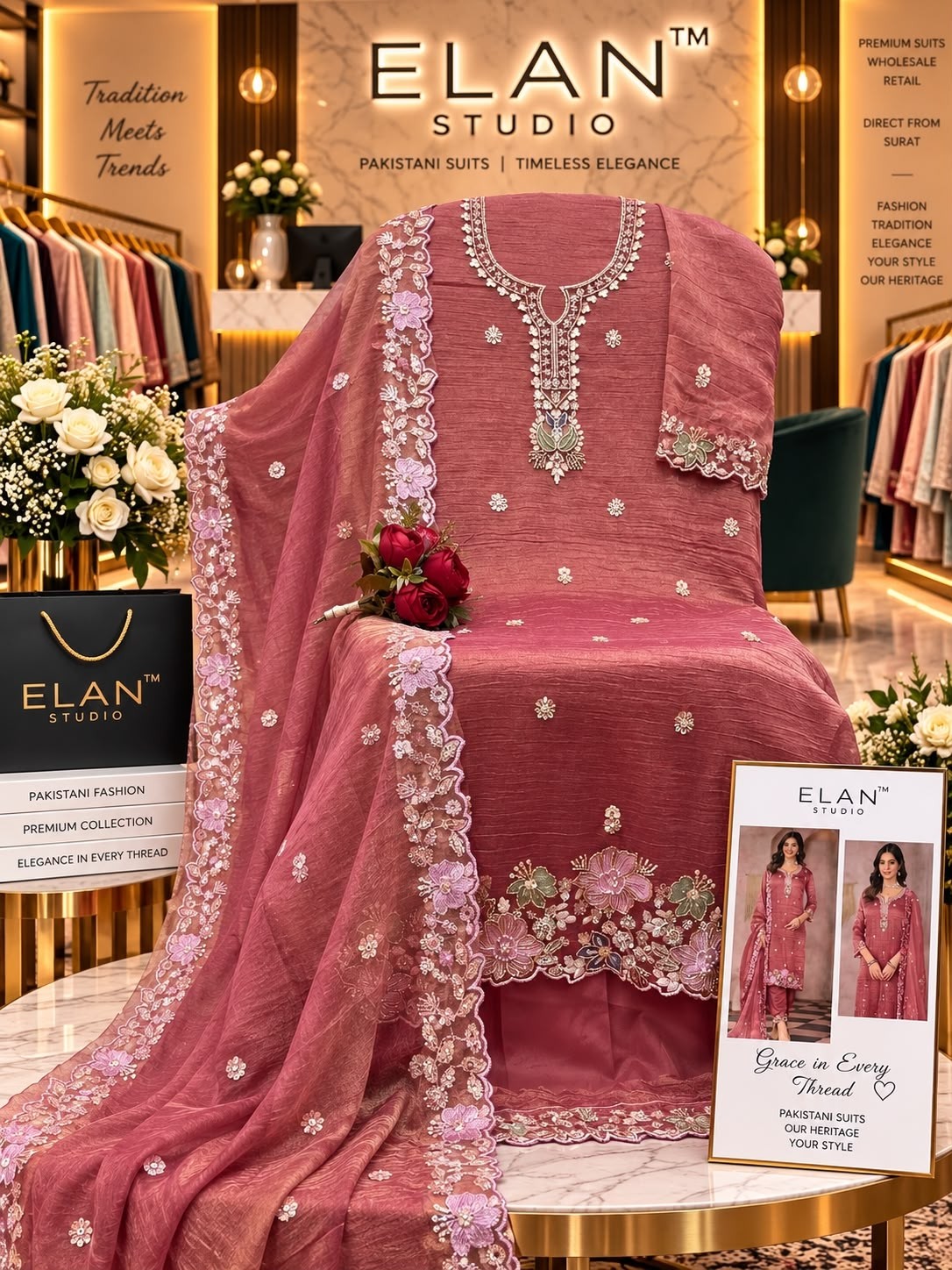 Shop ELAN STUDIO E-65 Salsa 4-Piece Set with heavy beads and stone embroidery, French Silk embroidered lace bottom and heavy embroidered dupatta at ₹1,649/-.