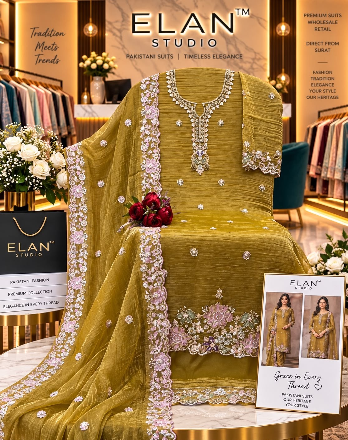 Shop ELAN STUDIO E-65 Salsa 4-Piece Set with heavy beads and stone embroidery, French Silk embroidered lace bottom and heavy embroidered dupatta at ₹1,649/-.