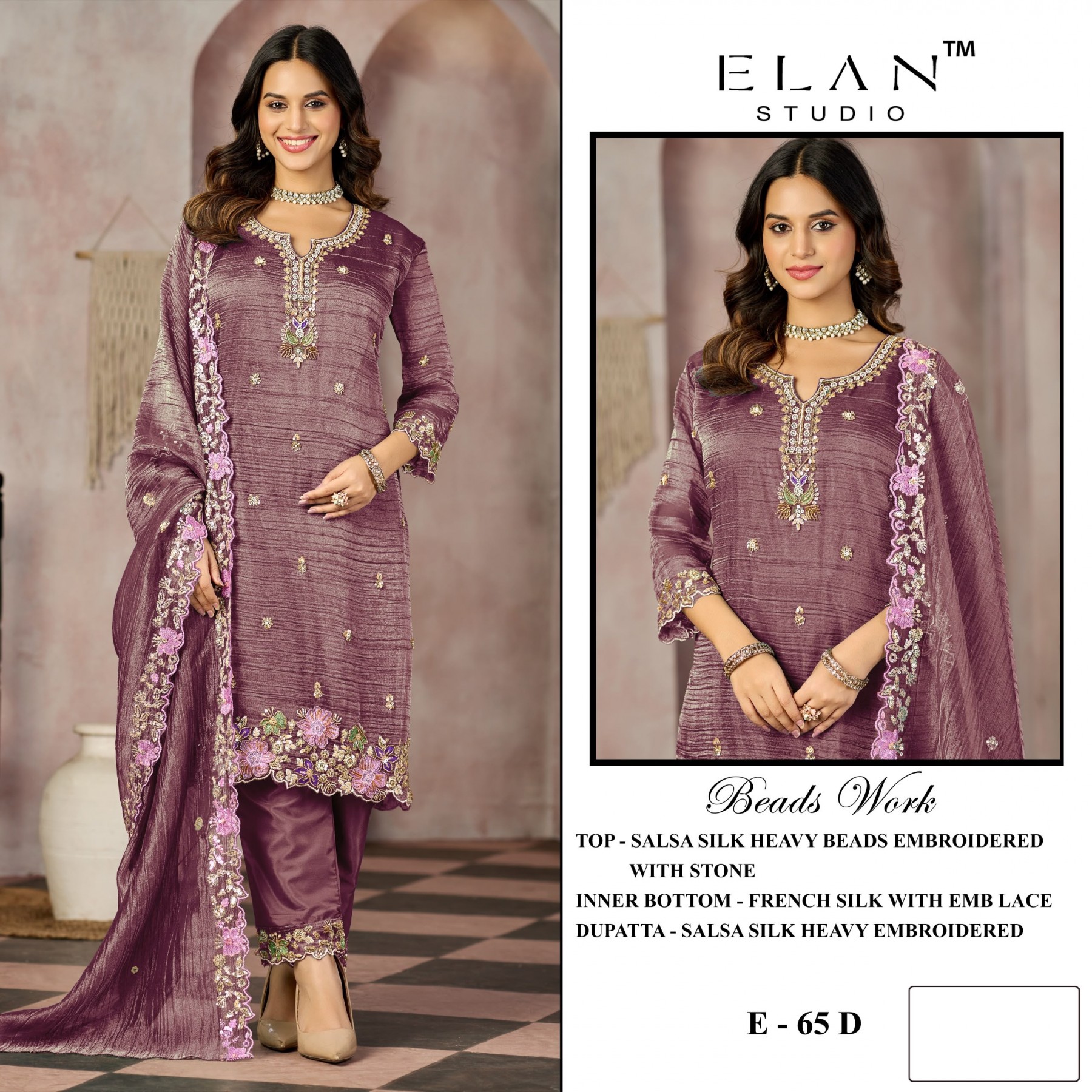 Shop ELAN STUDIO E-65 Salsa 4-Piece Set with heavy beads and stone embroidery, French Silk embroidered lace bottom and heavy embroidered dupatta at ₹1,649/-.