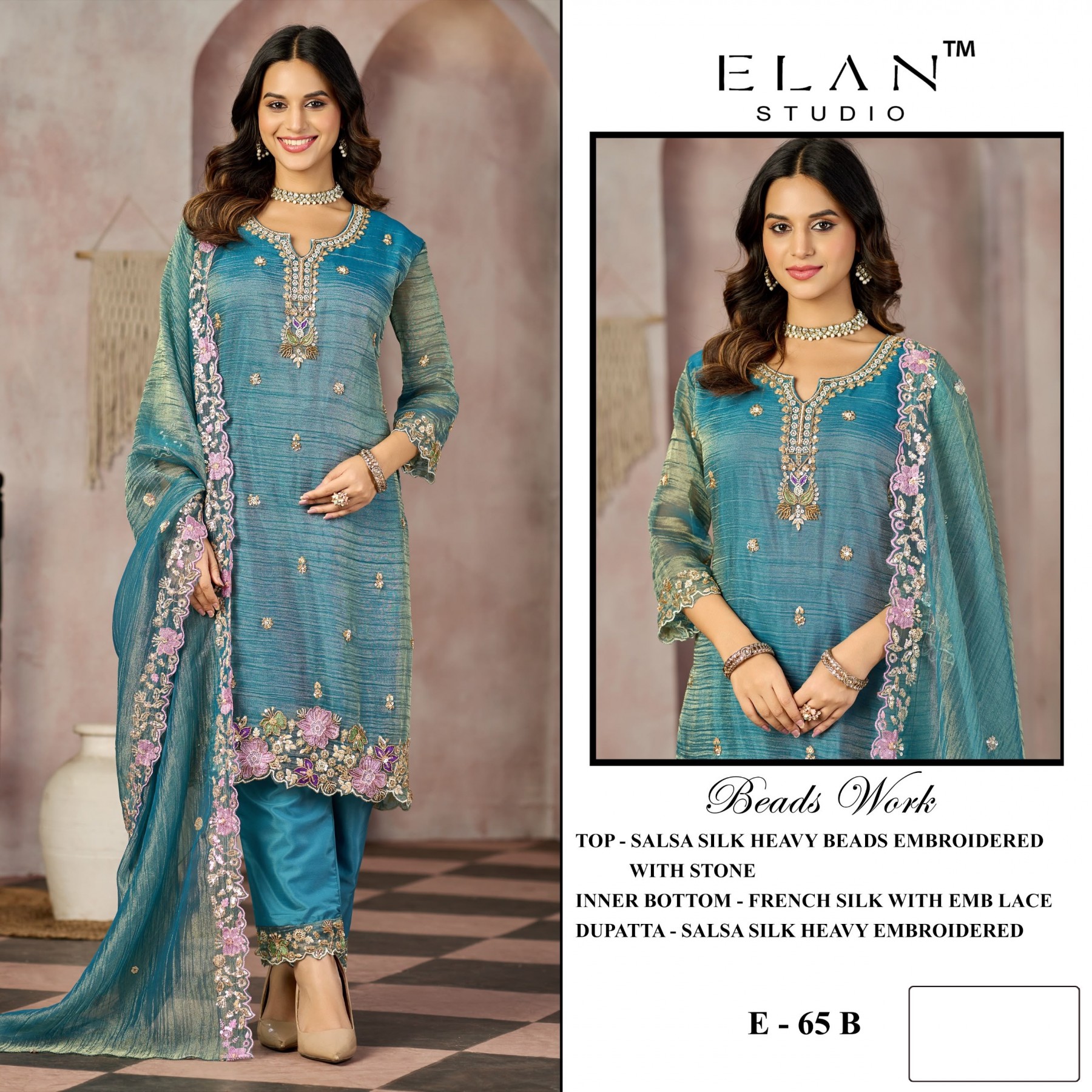 Shop ELAN STUDIO E-65 Salsa 4-Piece Set with heavy beads and stone embroidery, French Silk embroidered lace bottom and heavy embroidered dupatta at ₹1,649/-.