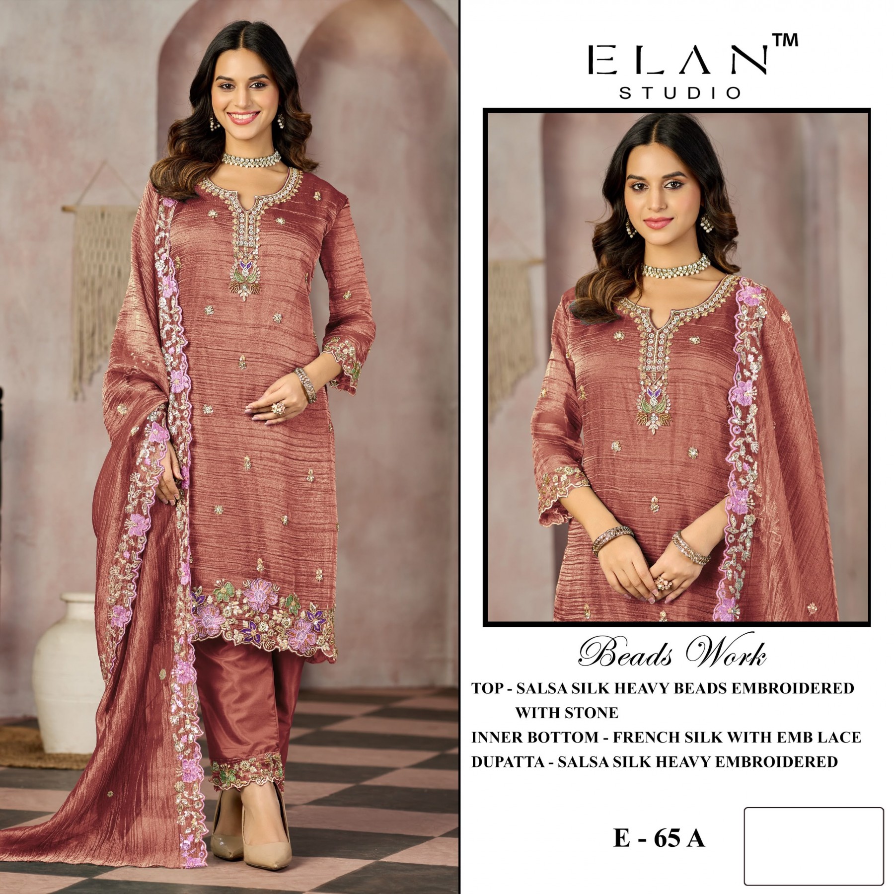 Shop ELAN STUDIO E-65 Salsa 4-Piece Set with heavy beads and stone embroidery, French Silk embroidered lace bottom and heavy embroidered dupatta at ₹1,649/-.